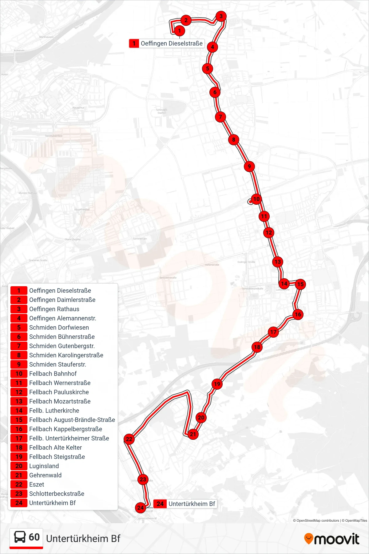 60 bus Line (Untertürkheim Bf) route and stops on a map