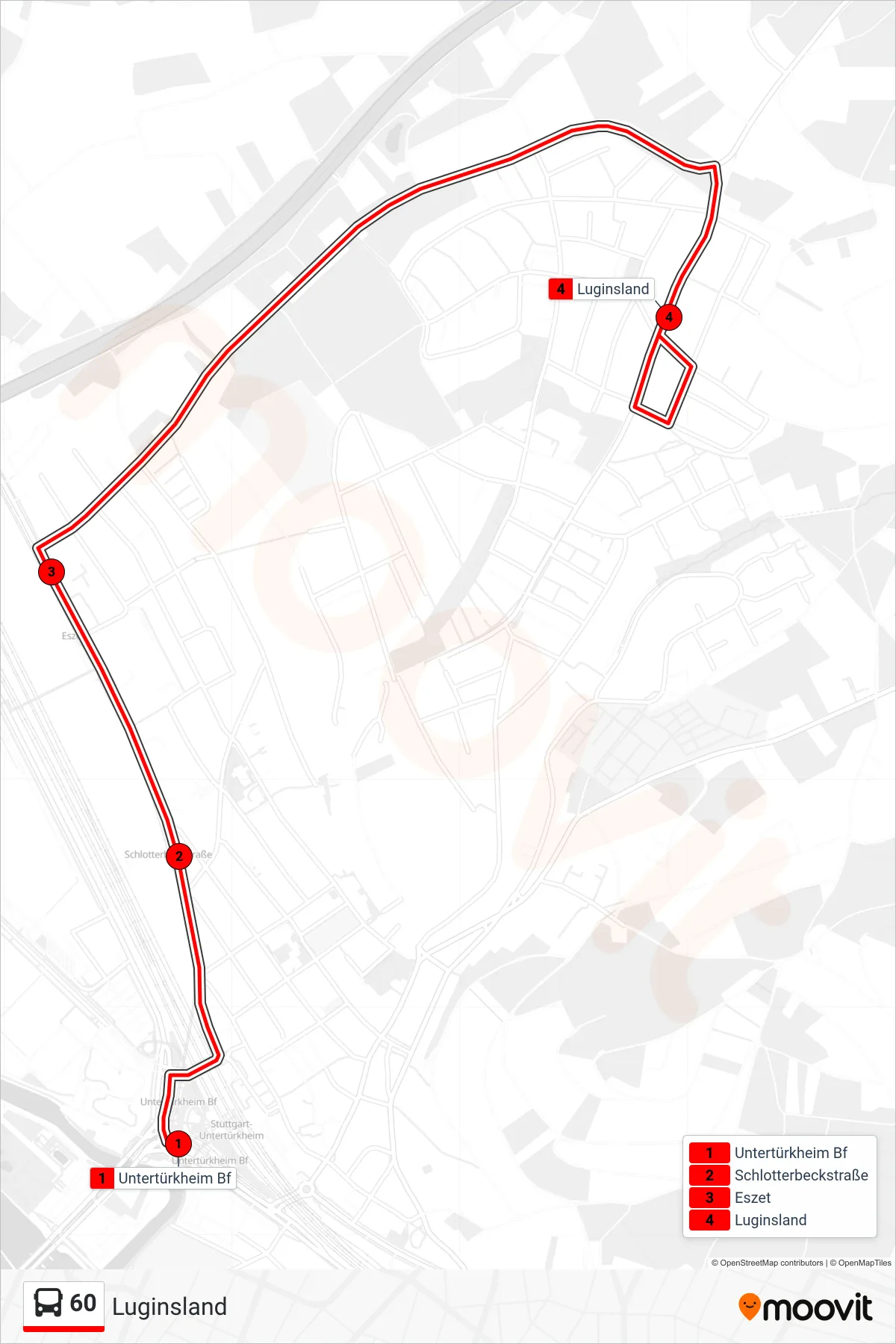 60 bus Line (Luginsland) route and stops on a map