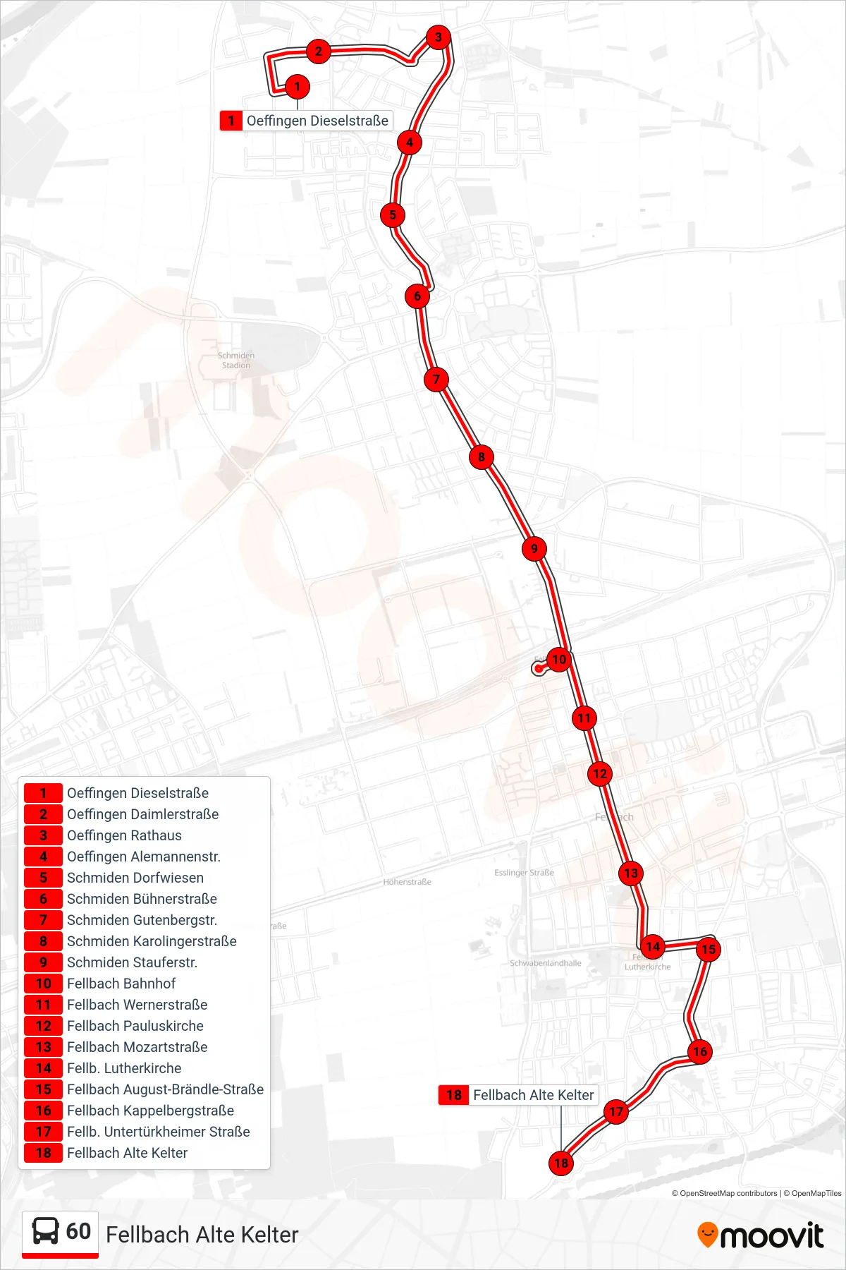 60 bus Line (Fellbach Alte Kelter) route and stops on a map