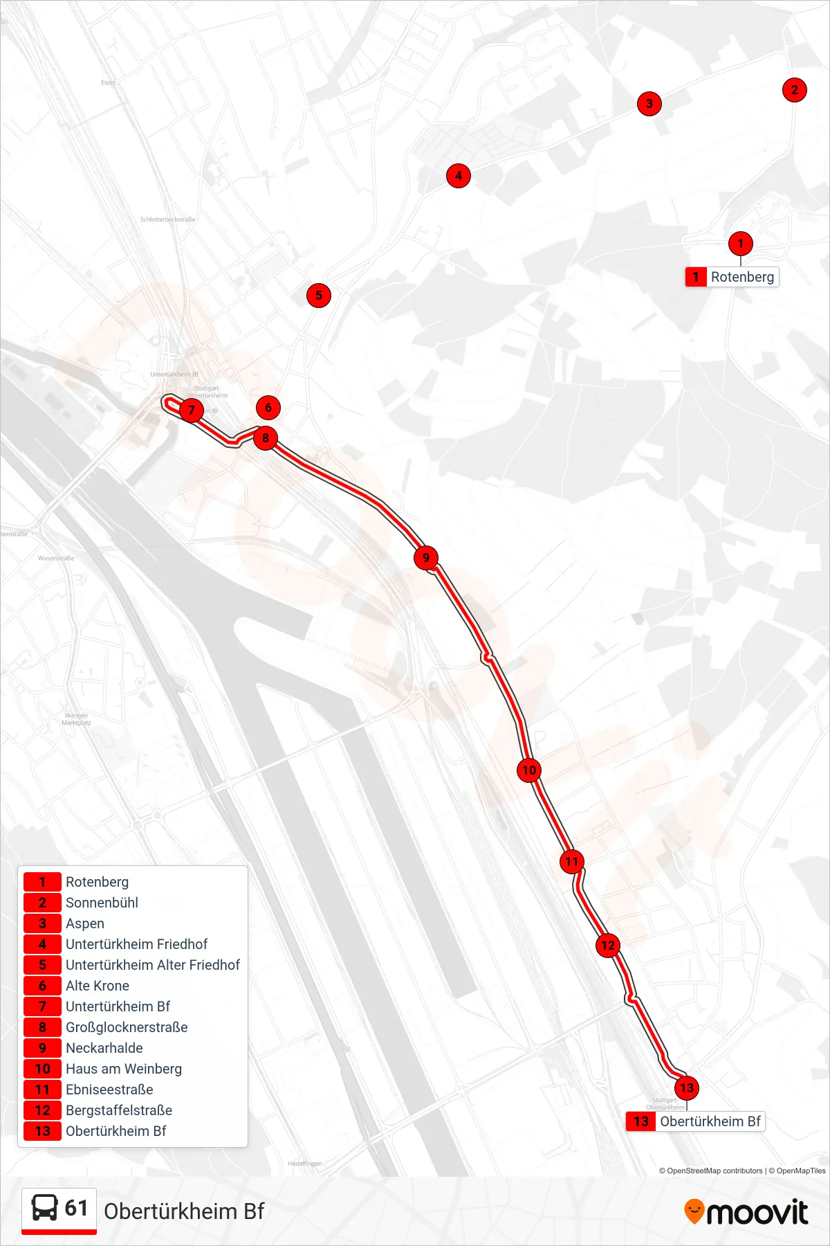 61 bus Line (Obertürkheim Bf) route and stops on a map