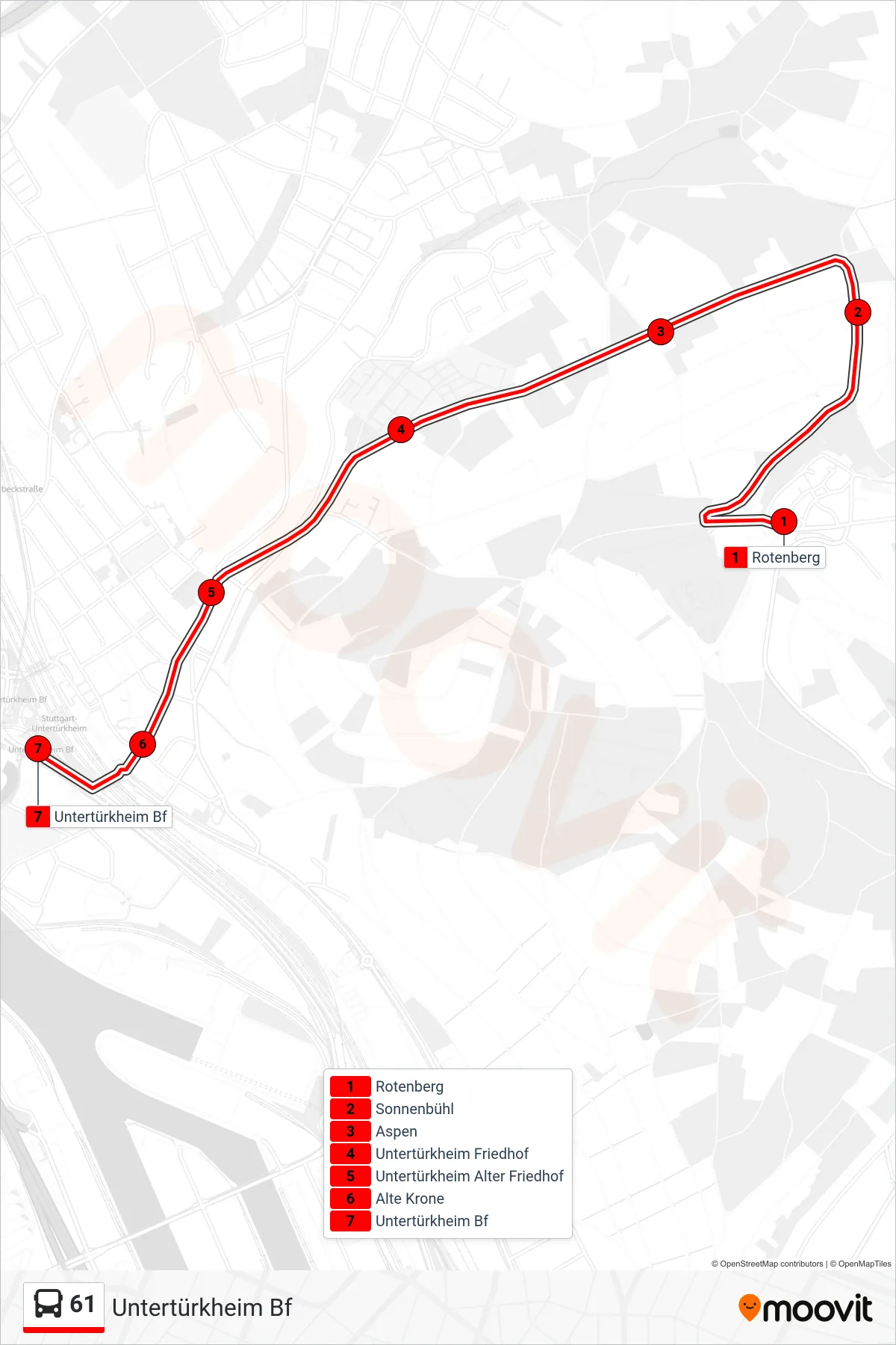 Linie 61 (Bus) Richtung Untertürkheim Bf: Route und Haltestellen auf der Karte