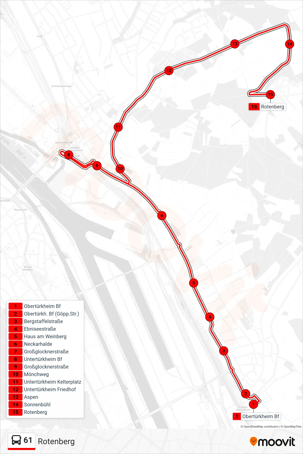 61 bus Line (Rotenberg) route and stops on a map