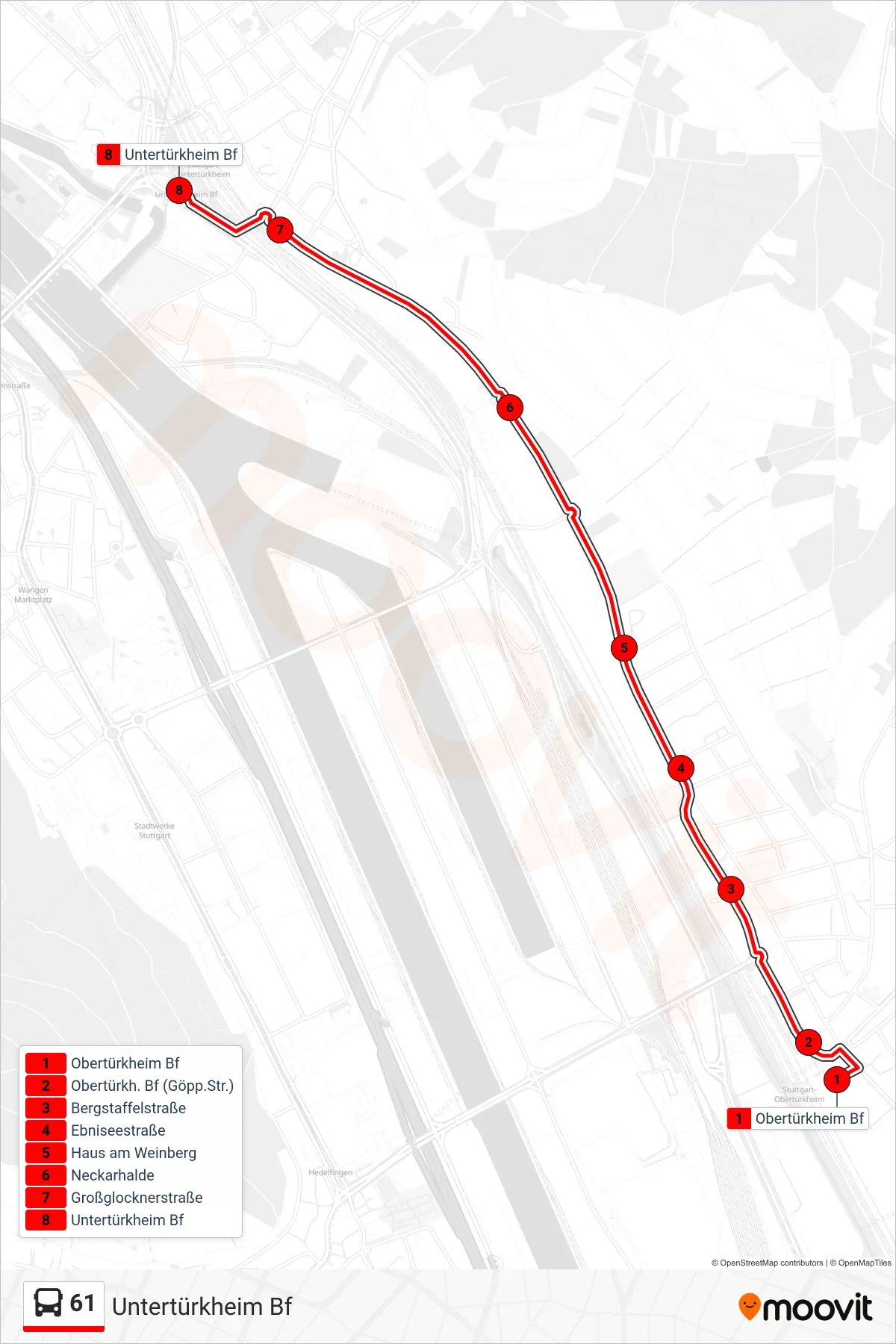 61 bus Line (Untertürkheim Bf) route and stops on a map