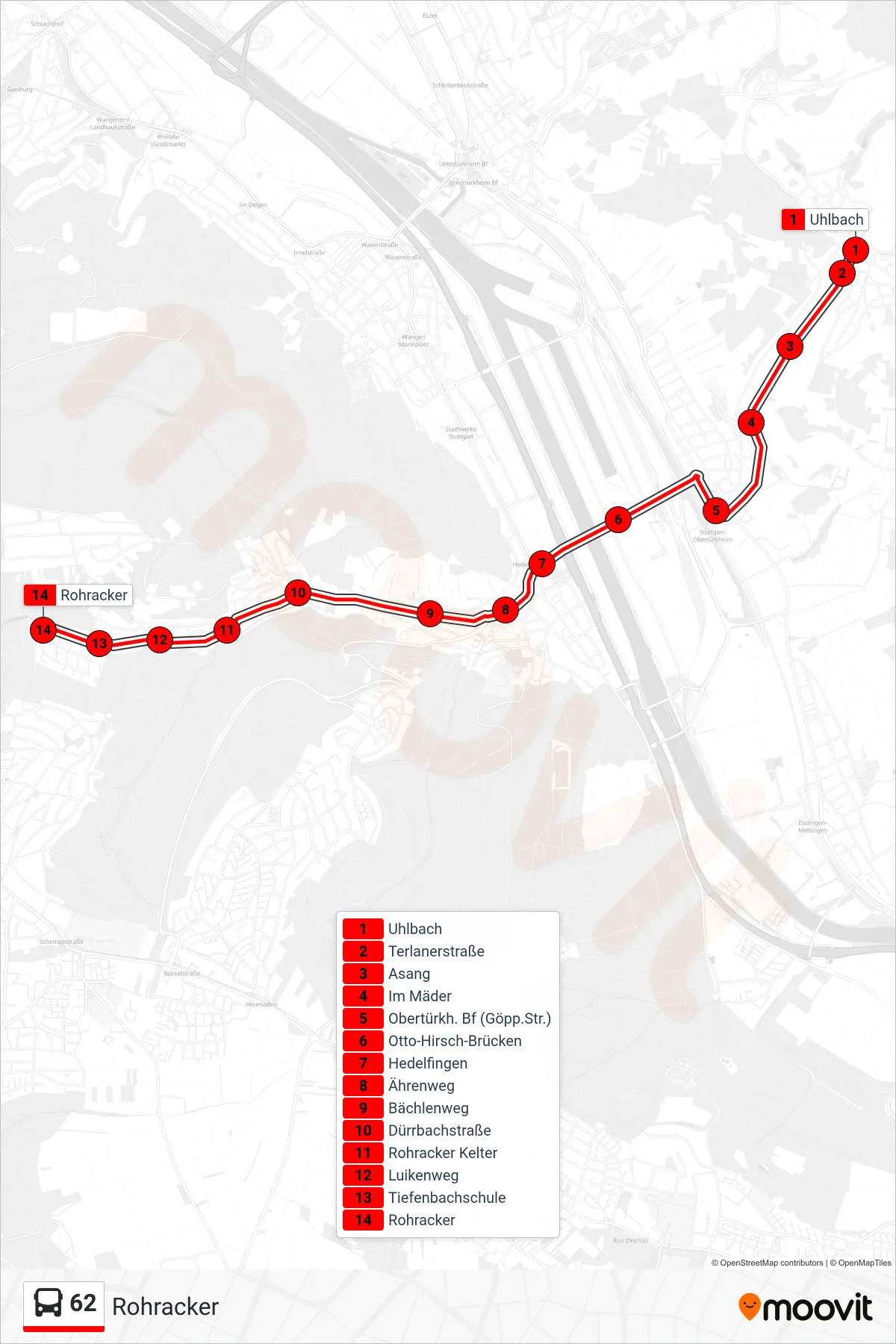 Linie 62 (Bus) Richtung Rohracker: Route und Haltestellen auf der Karte