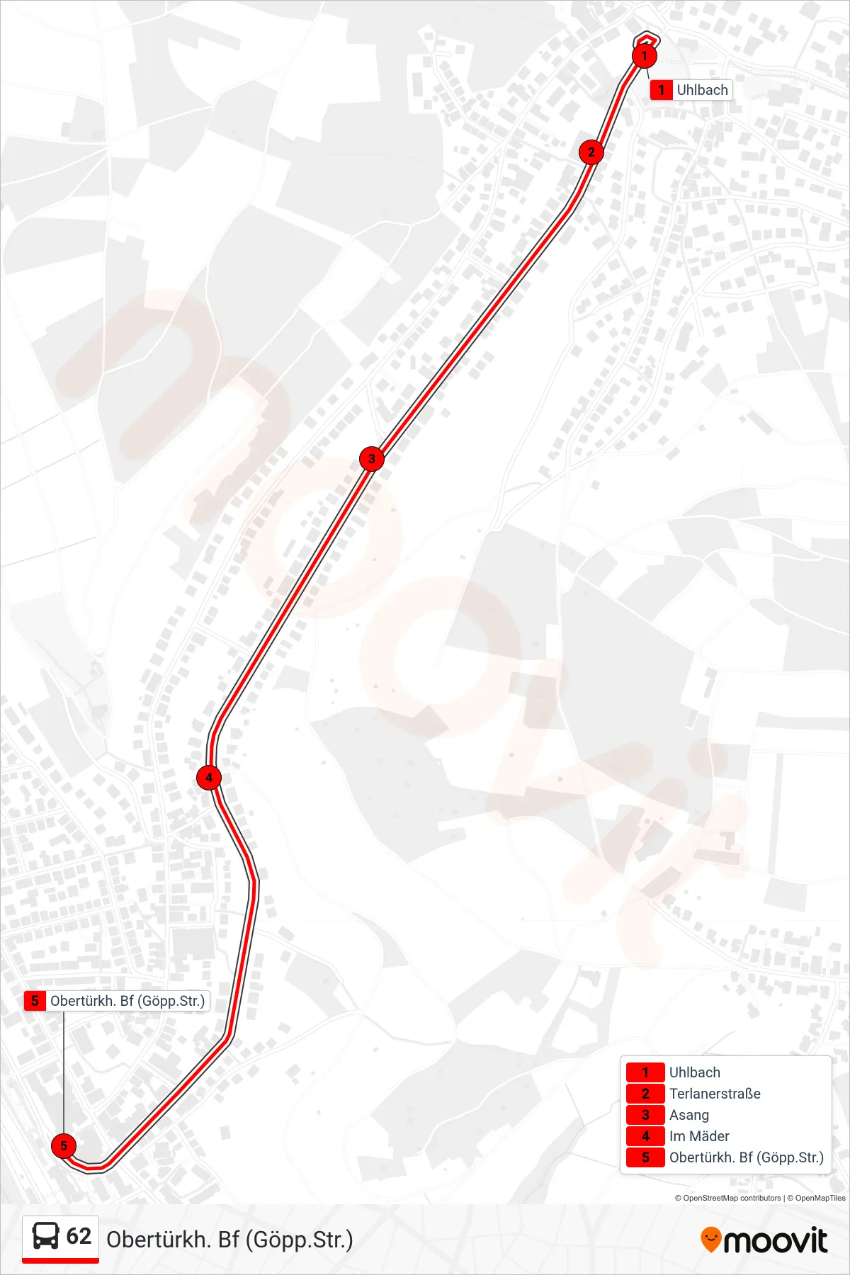62 bus Line (Obertürkh. Bf (Göpp.Str.)) route and stops on a map