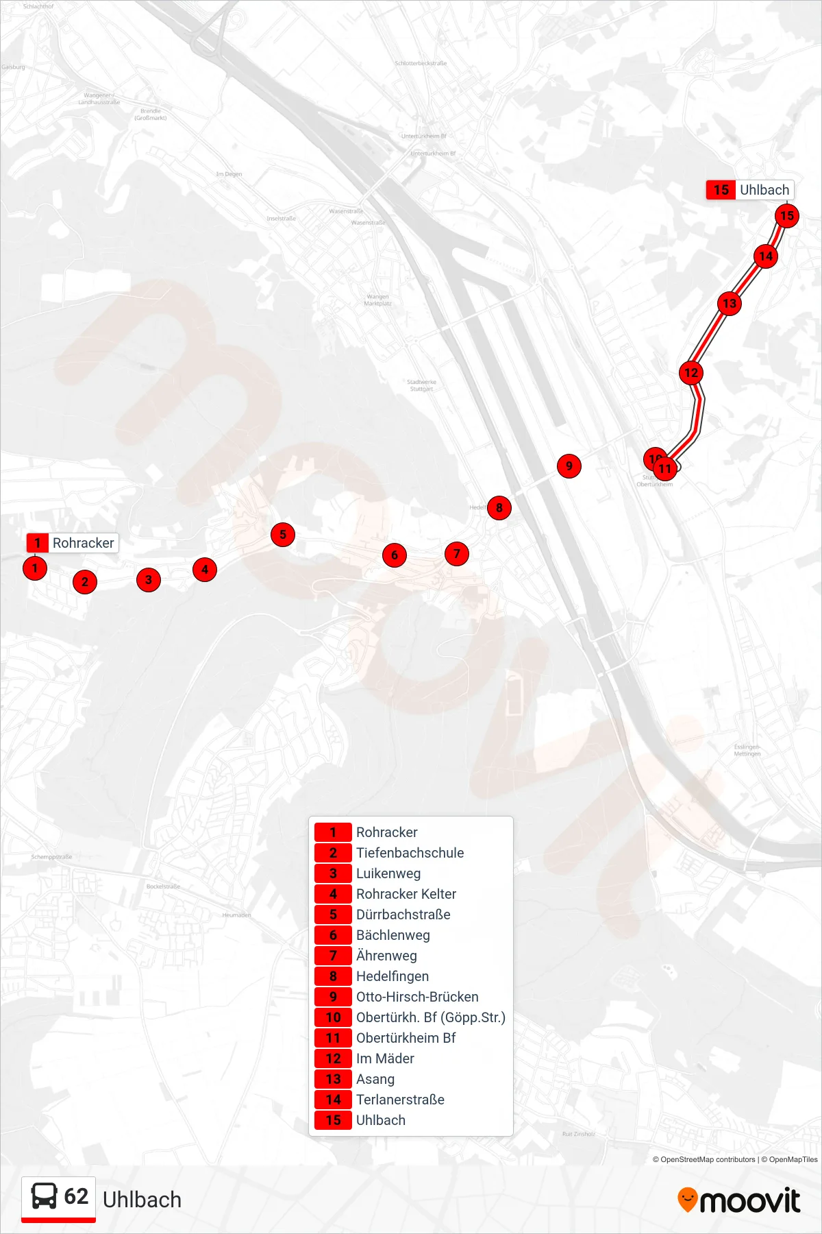 62 bus Line (Uhlbach) route and stops on a map