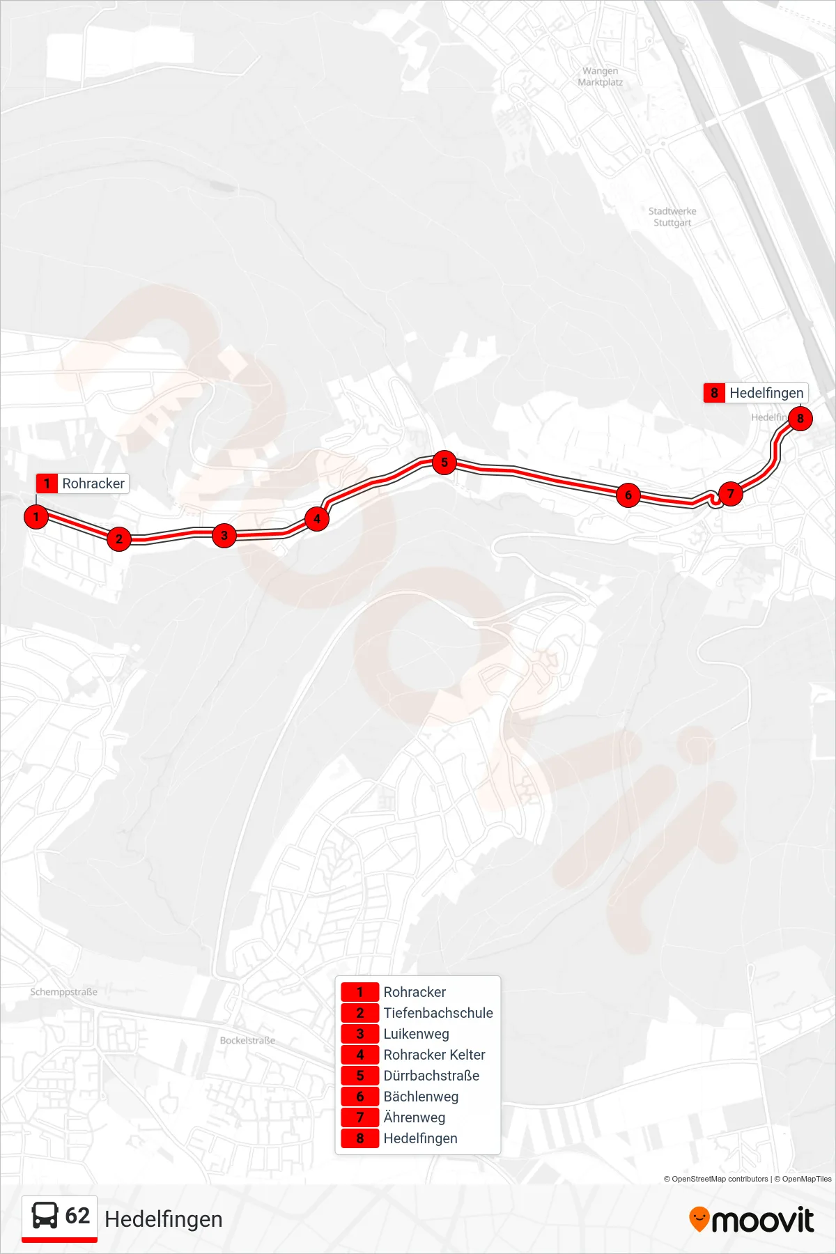 62 bus Line (Hedelfingen) route and stops on a map
