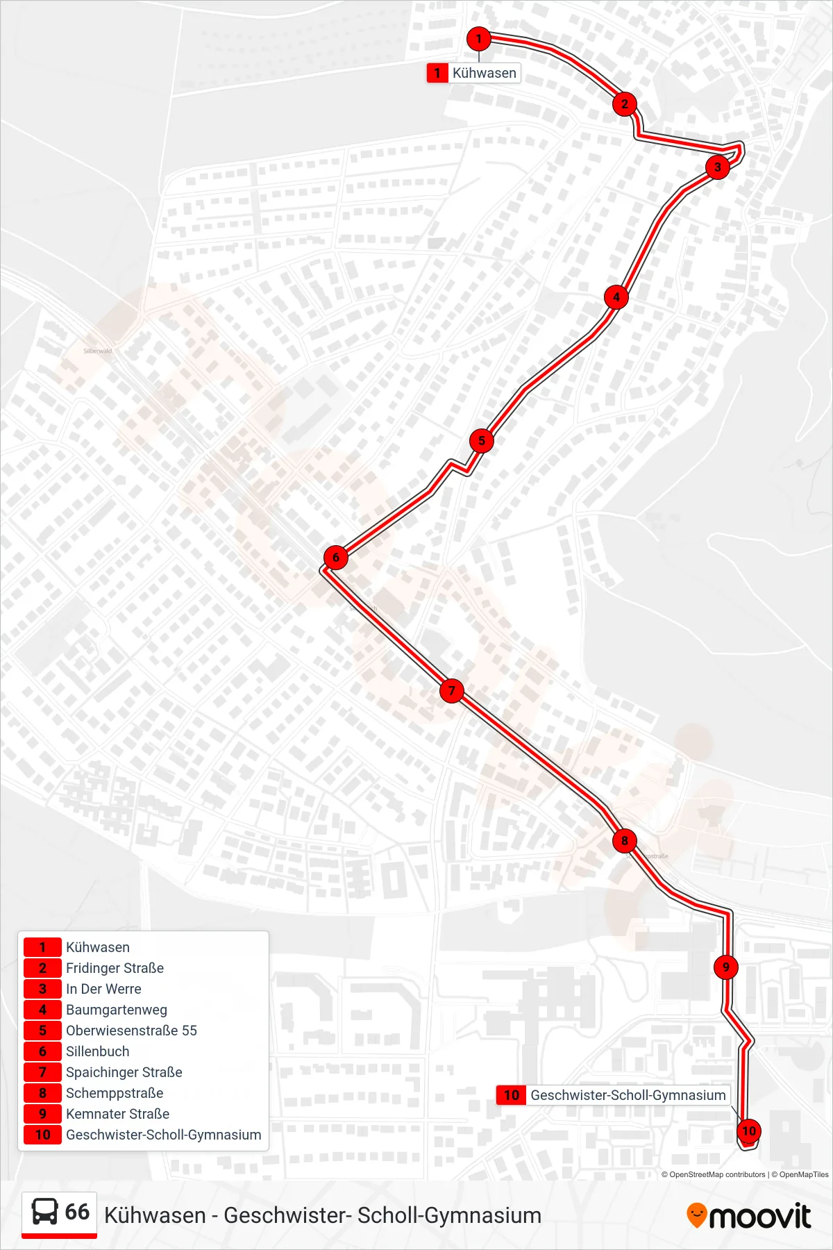 66 bus Line (Geschwister-Scholl-Gymnasium) route and stops on a map
