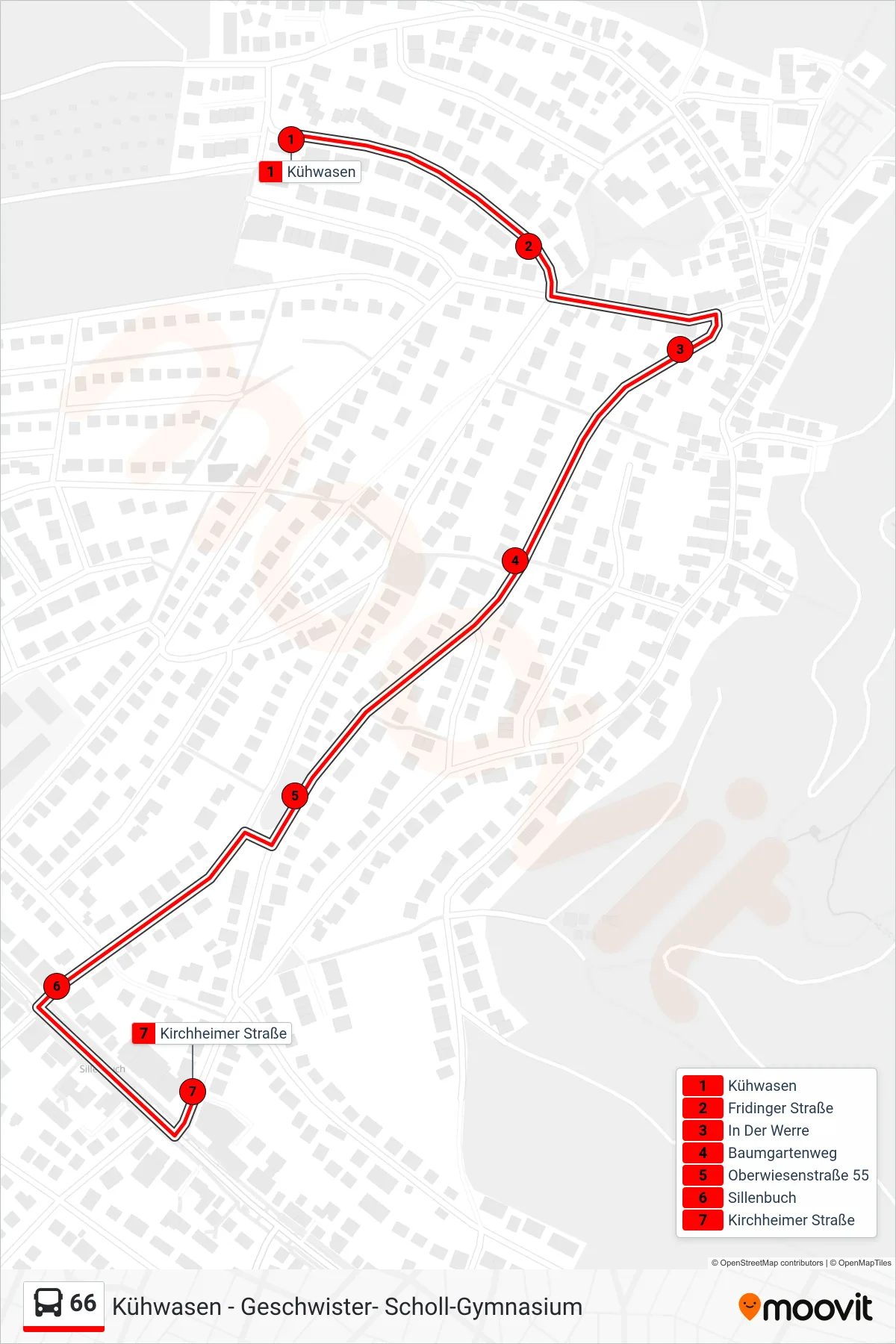 66 bus Line (Kirchheimer Straße) route and stops on a map