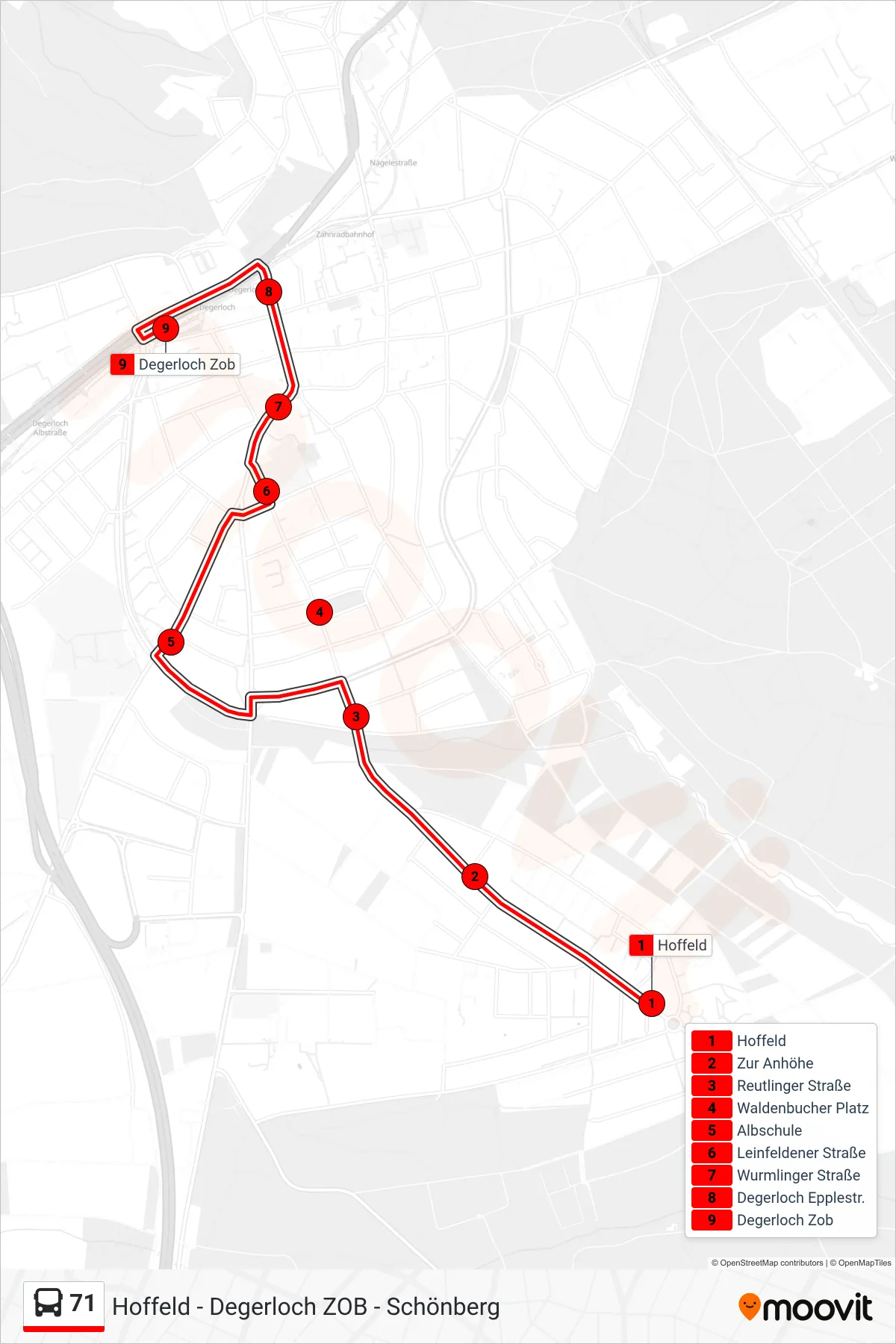 71 bus Line (Degerloch Zob) route and stops on a map
