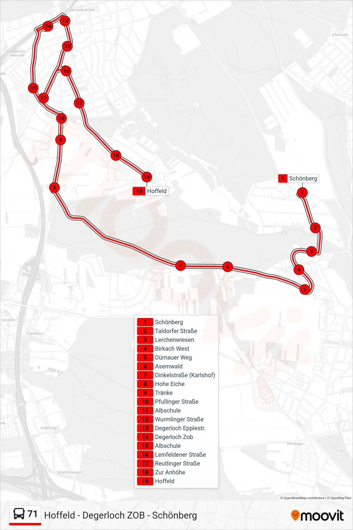 71 bus Line (Hoffeld) route and stops on a map