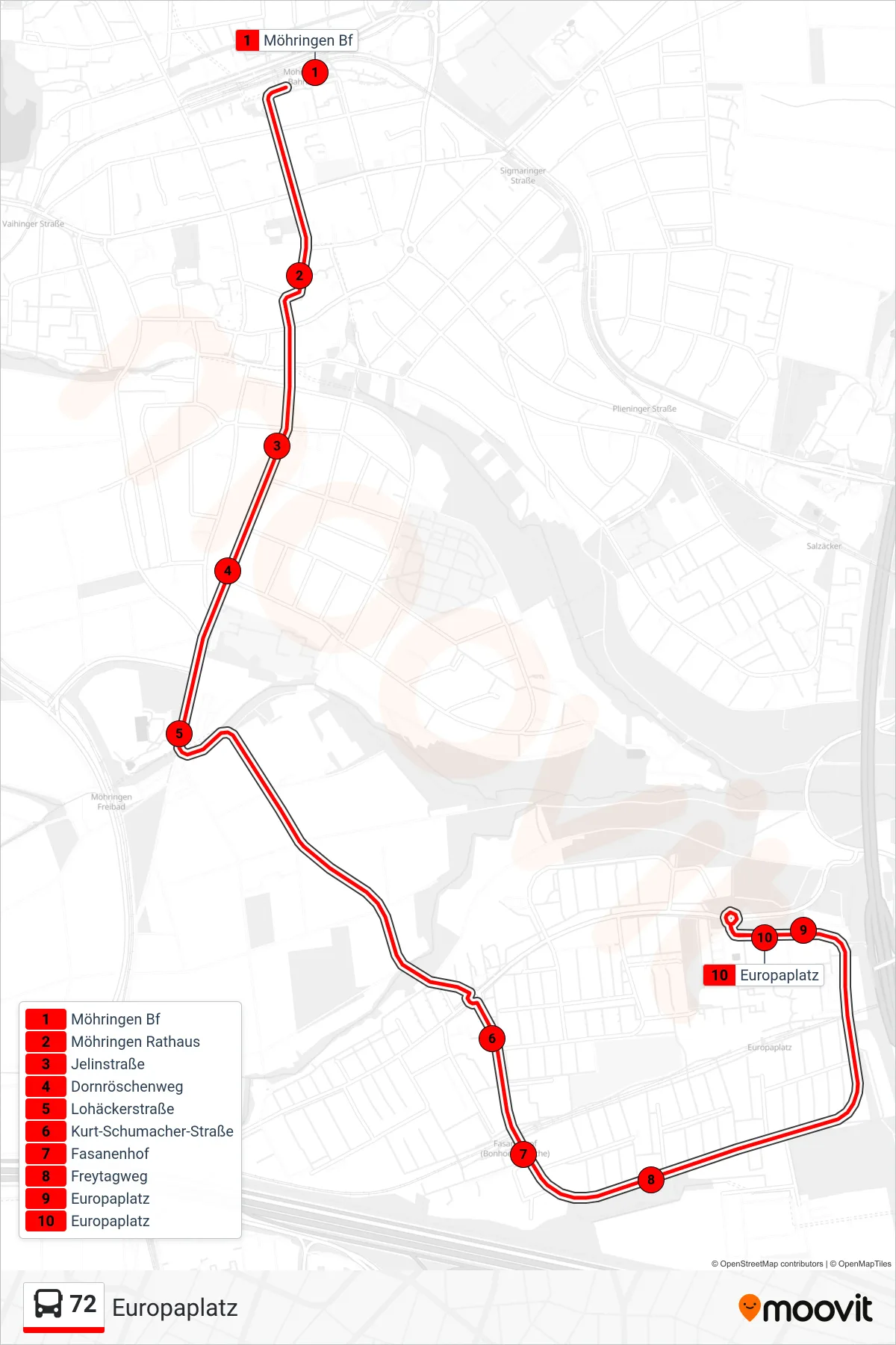 72 bus Line (Europaplatz) route and stops on a map