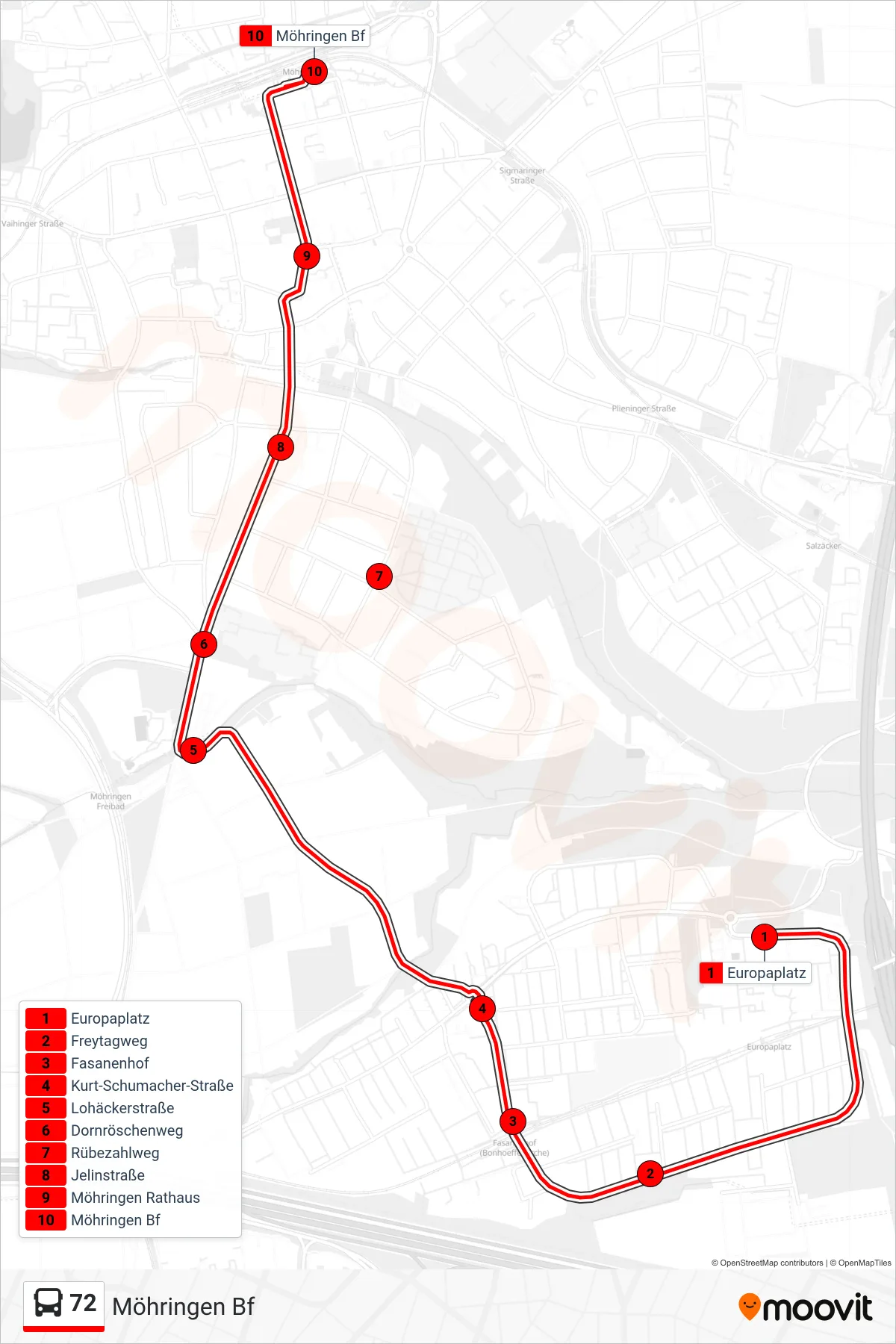 72 bus Line (Möhringen Bf) route and stops on a map