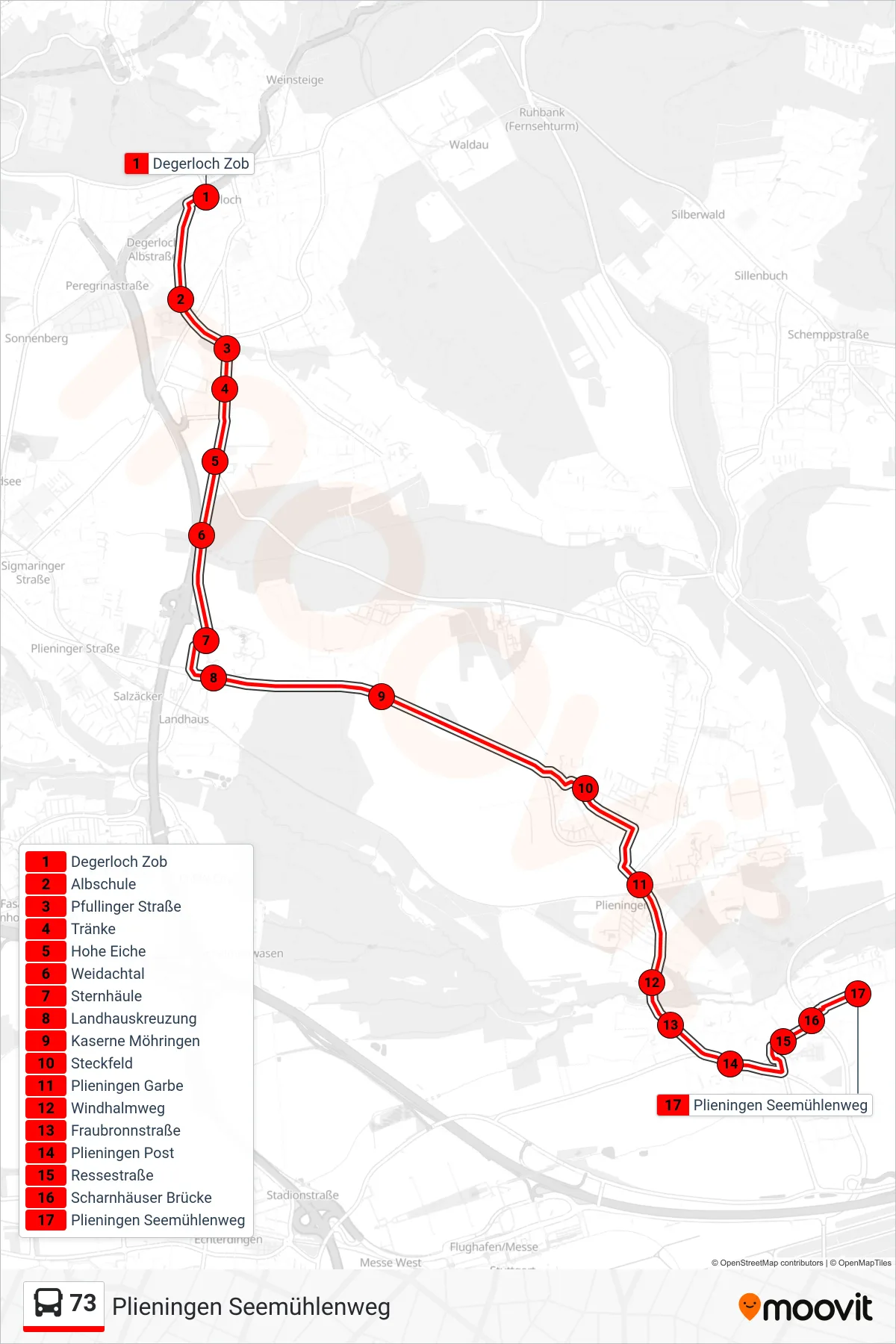 Linie 73 (Bus) Richtung Plieningen Seemühlenweg: Route und Haltestellen auf der Karte