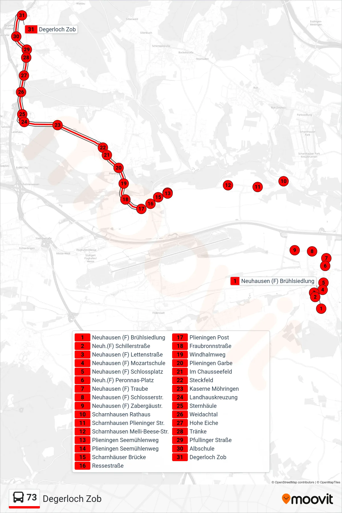 73 bus Line (Degerloch Zob) route and stops on a map