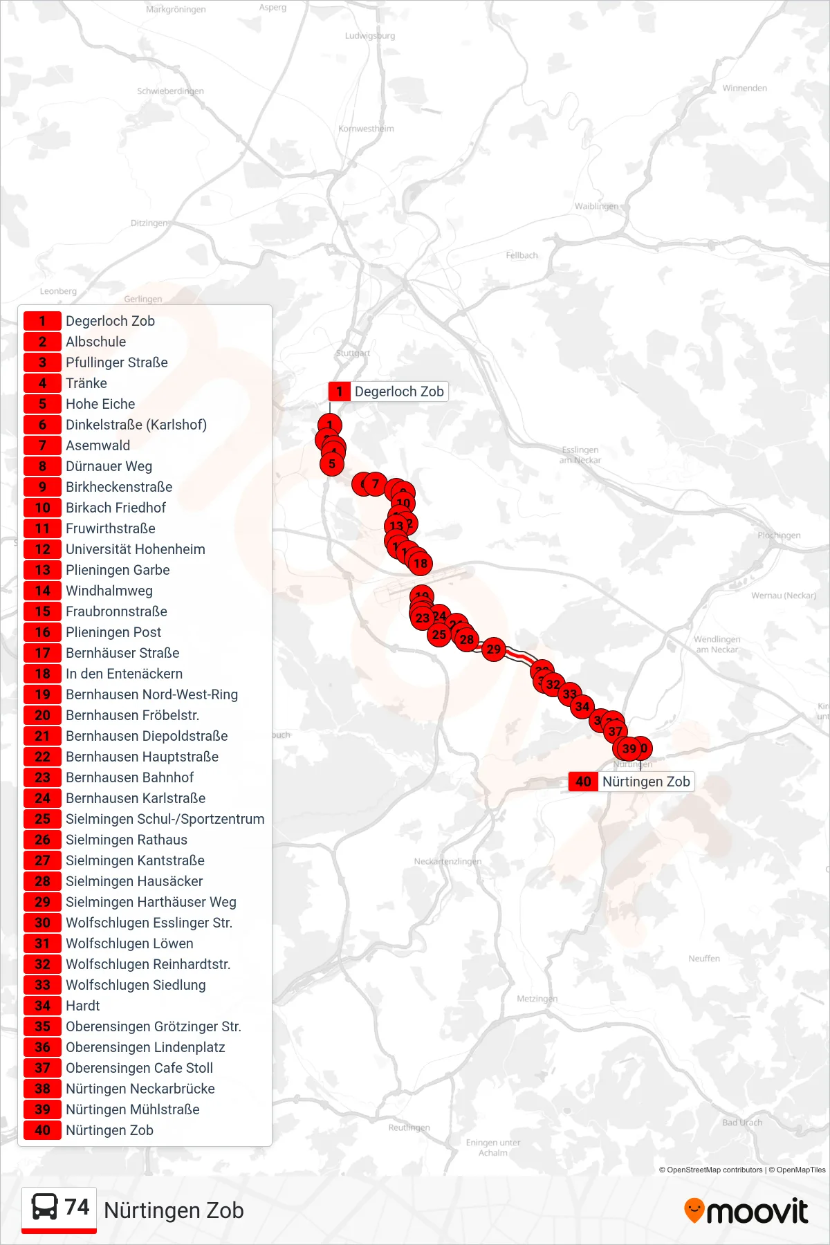 74 bus Line (Nürtingen Zob) route and stops on a map