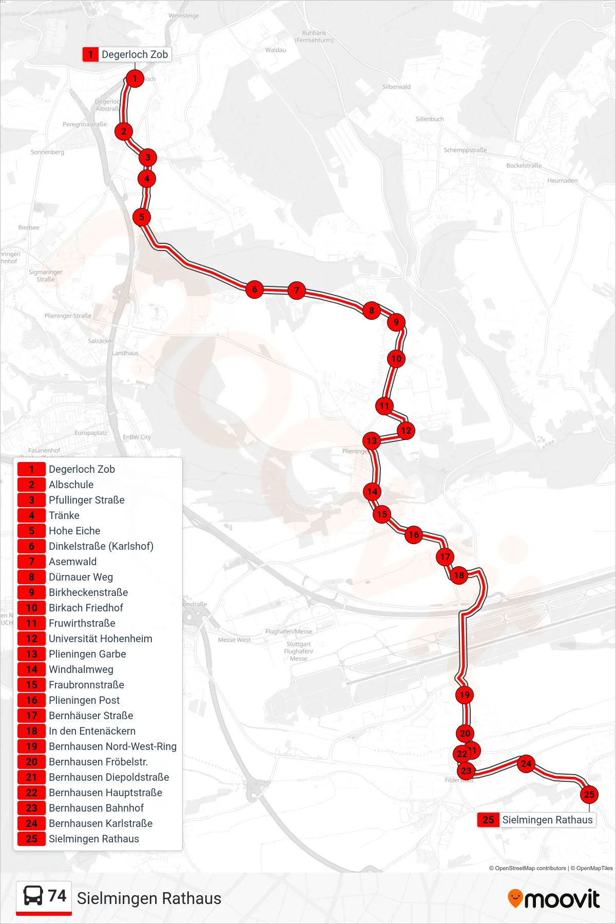 74 bus Line (Sielmingen Rathaus) route and stops on a map