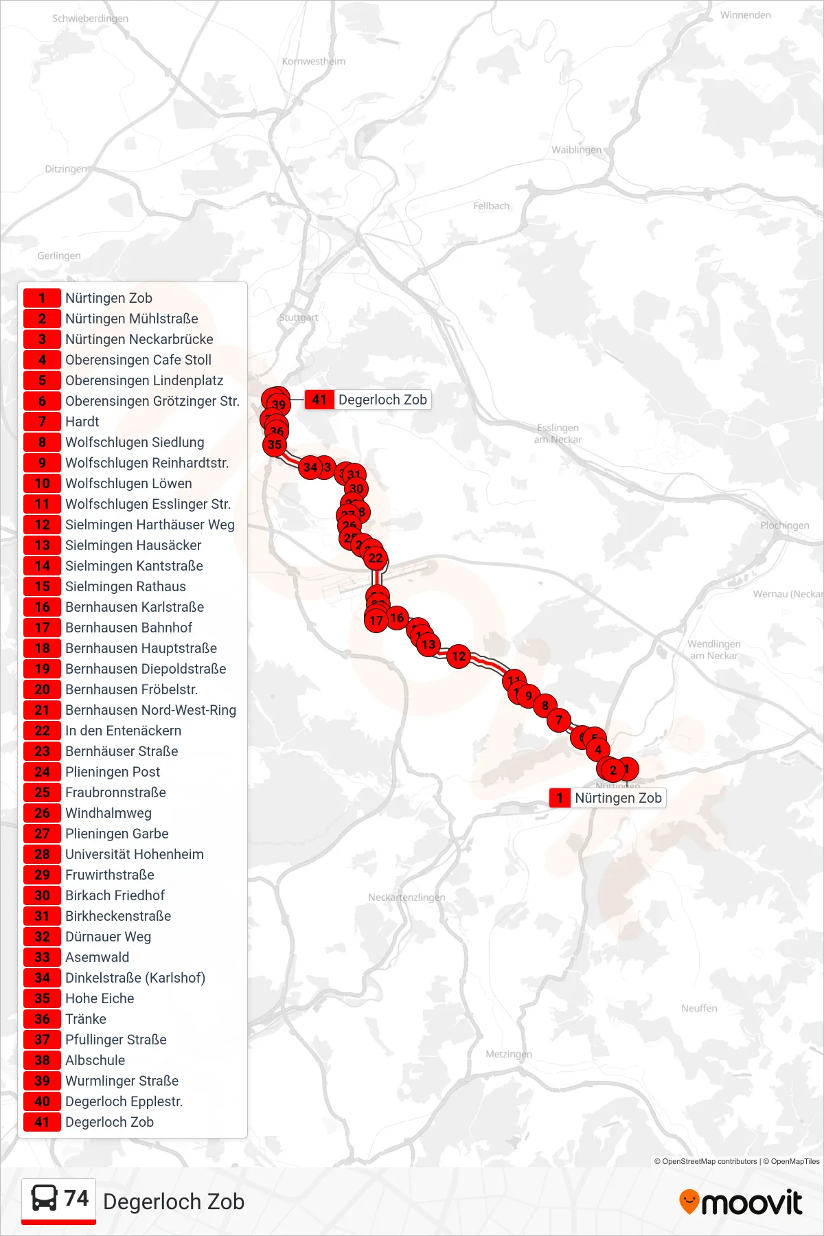 74 bus Line (Degerloch Zob) route and stops on a map