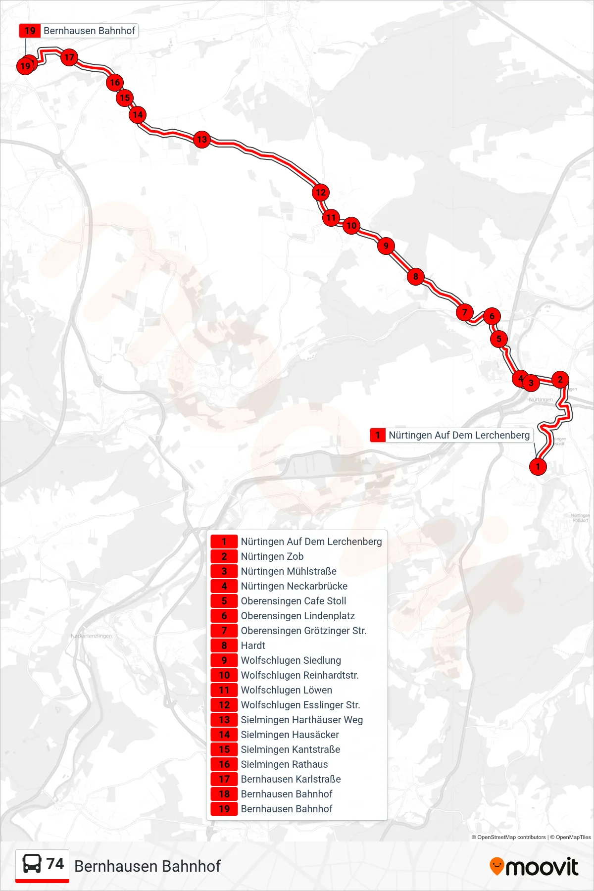 74 bus Line (Bernhausen Bahnhof) route and stops on a map