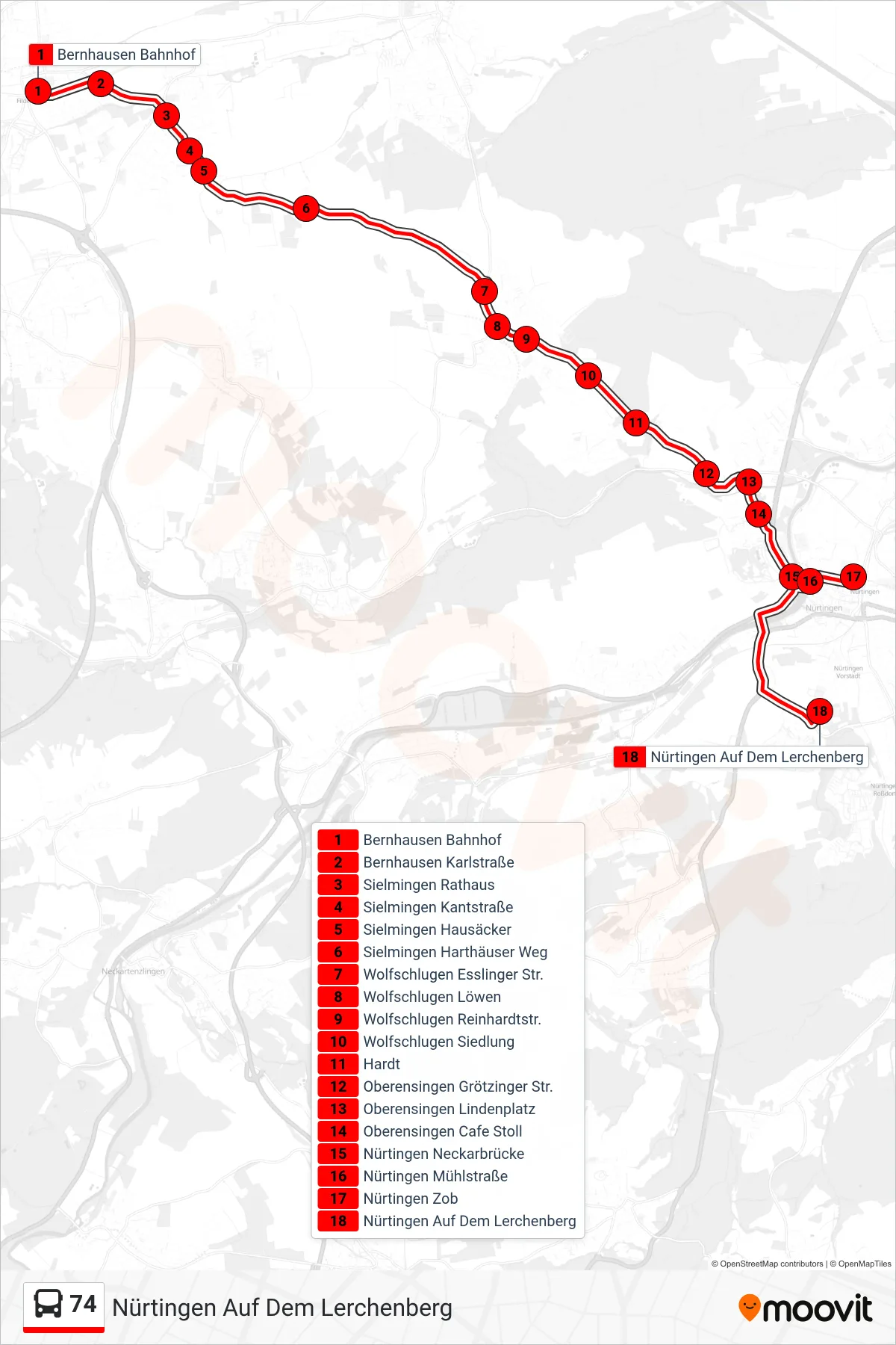 Linie 74 (Bus) Richtung Nürtingen Auf Dem Lerchenberg: Route und Haltestellen auf der Karte