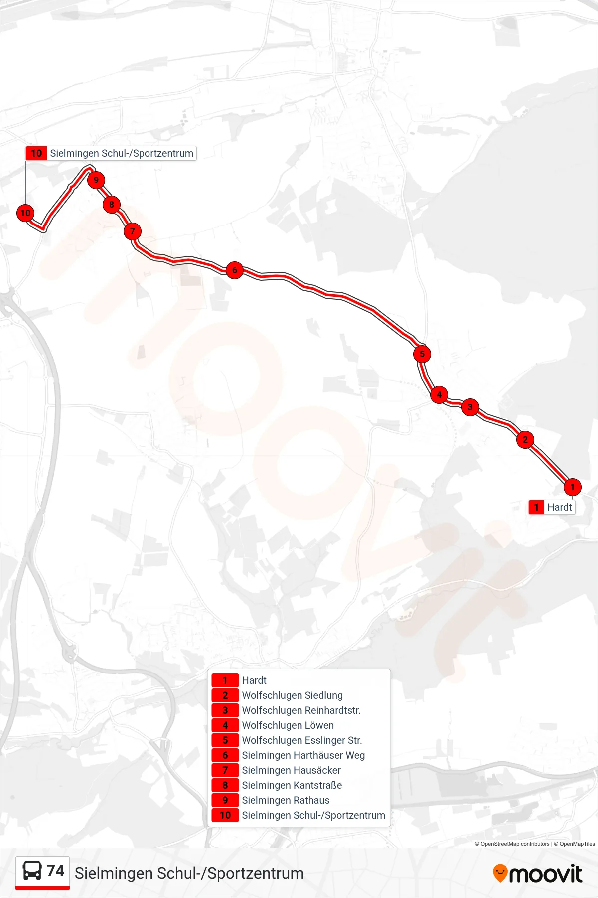 74 bus Line (Sielmingen Schul-/Sportzentrum) route and stops on a map