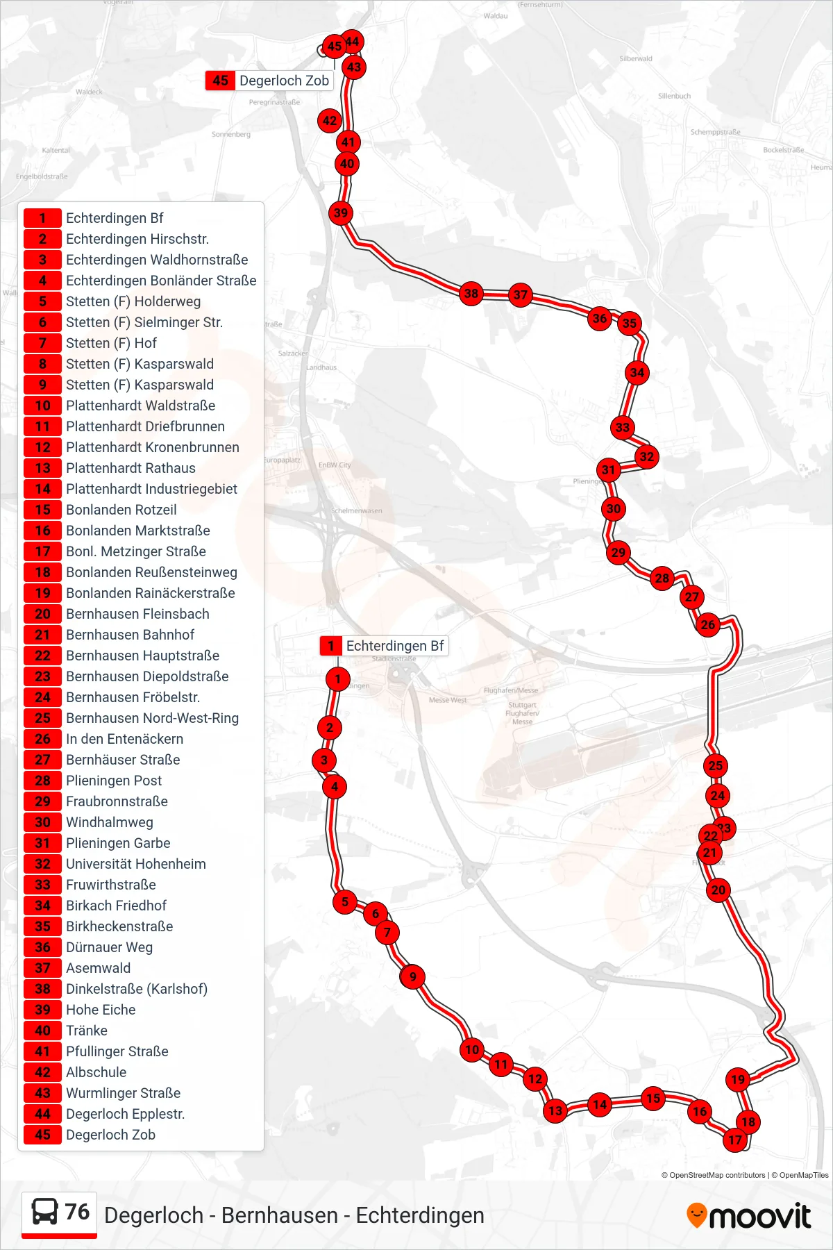 76 bus Line (Degerloch Zob) route and stops on a map