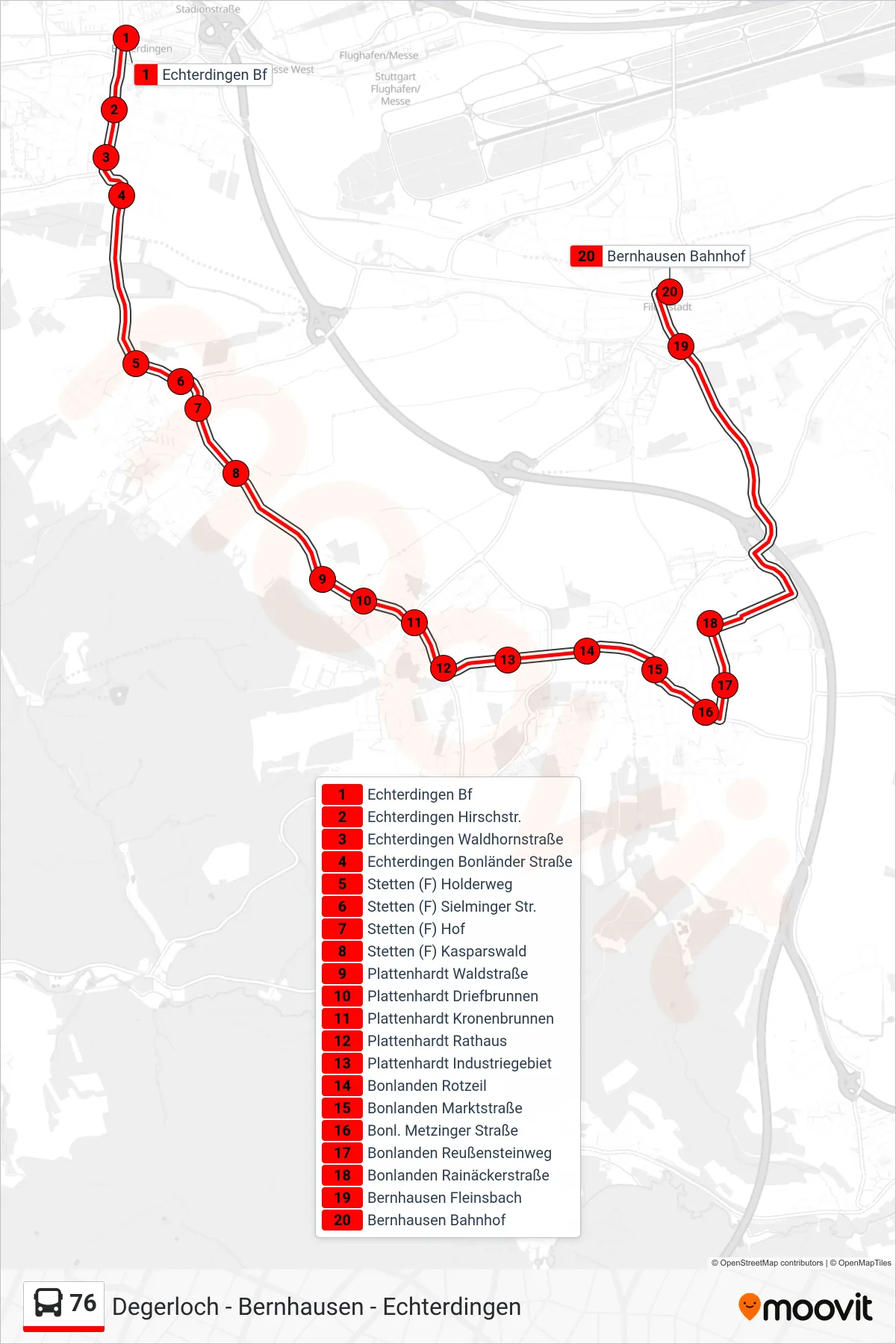 76 bus Line (Bernhausen Bahnhof) route and stops on a map