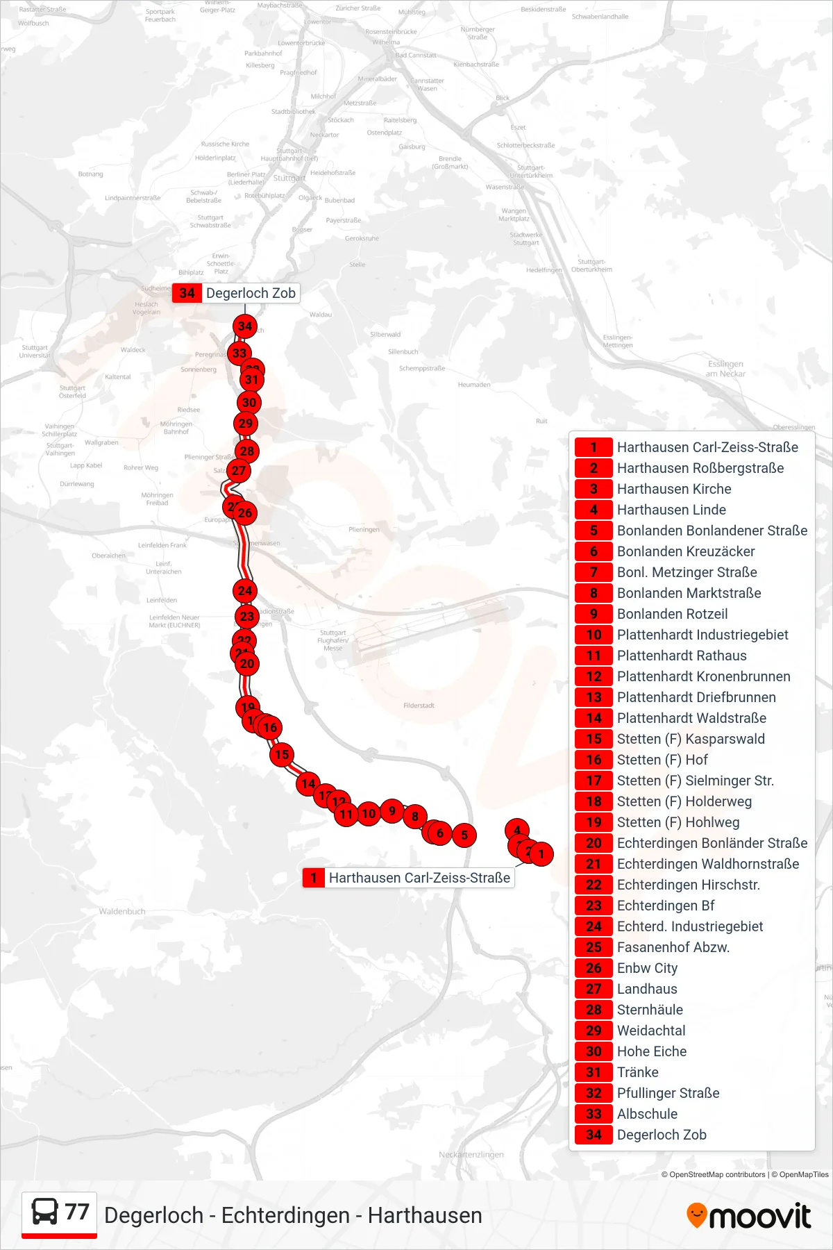 77 bus Line (Degerloch Zob) route and stops on a map