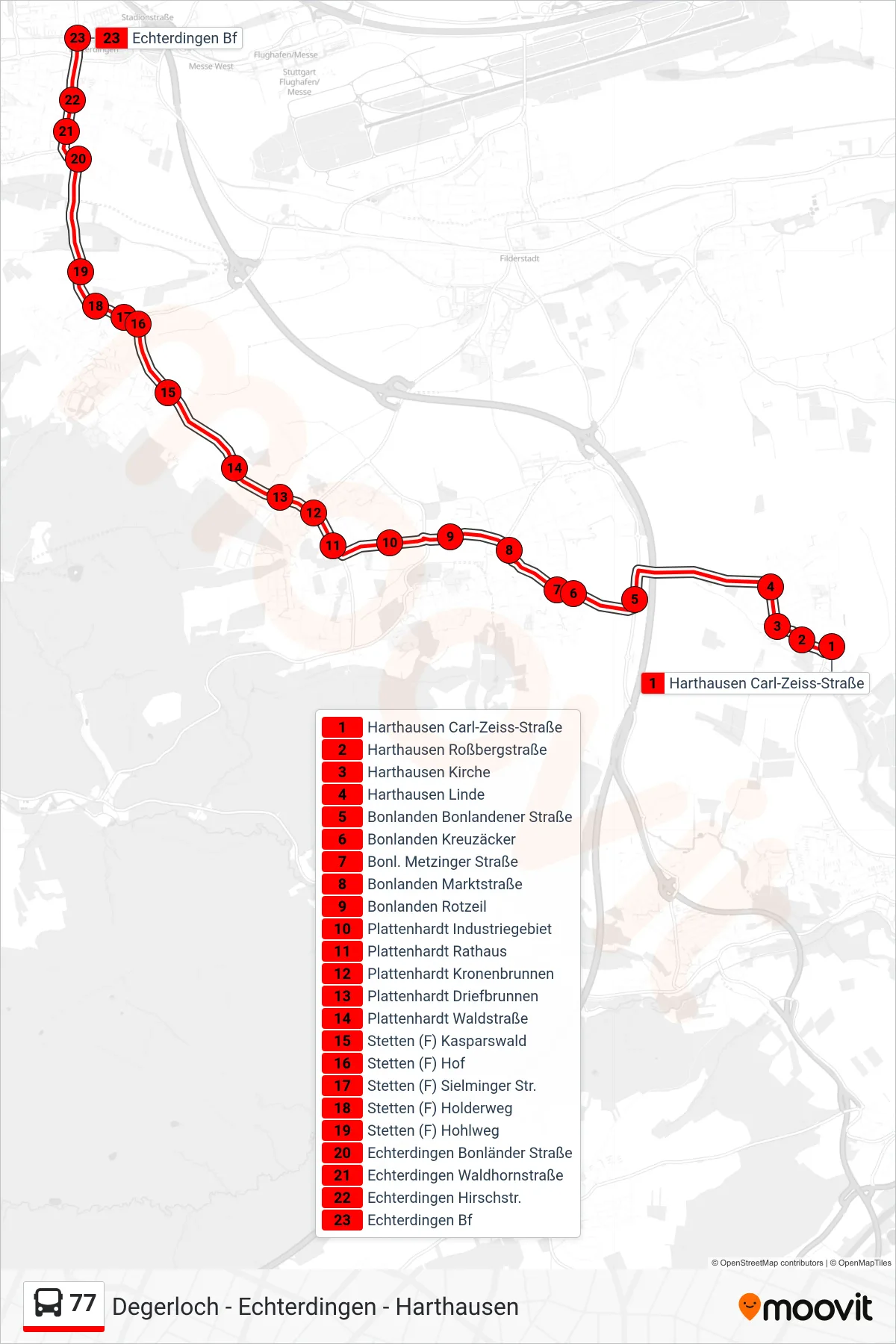 77 bus Line (Echterdingen Bf) route and stops on a map