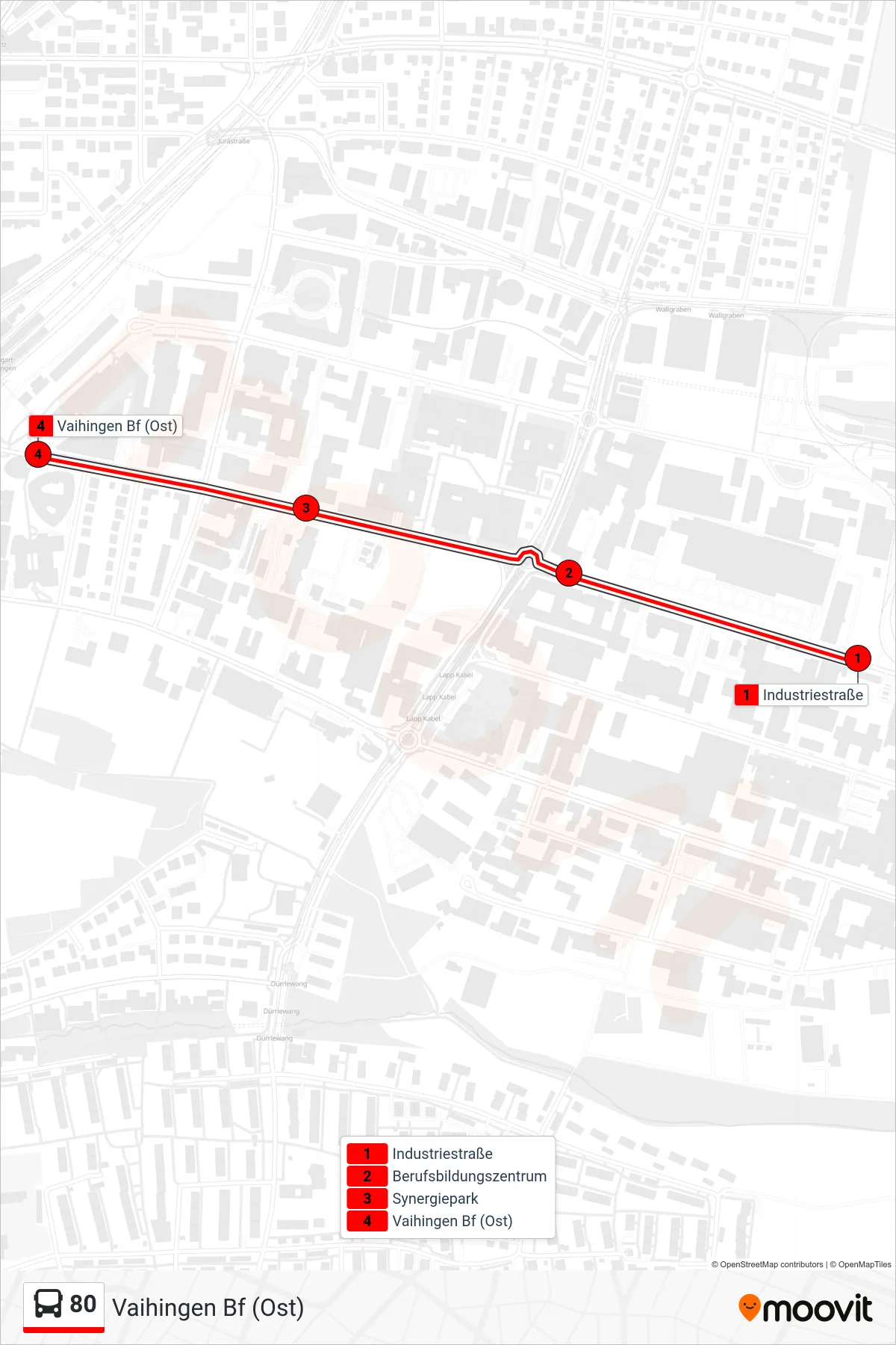 80 bus Line (Vaihingen Bf (Ost)) route and stops on a map