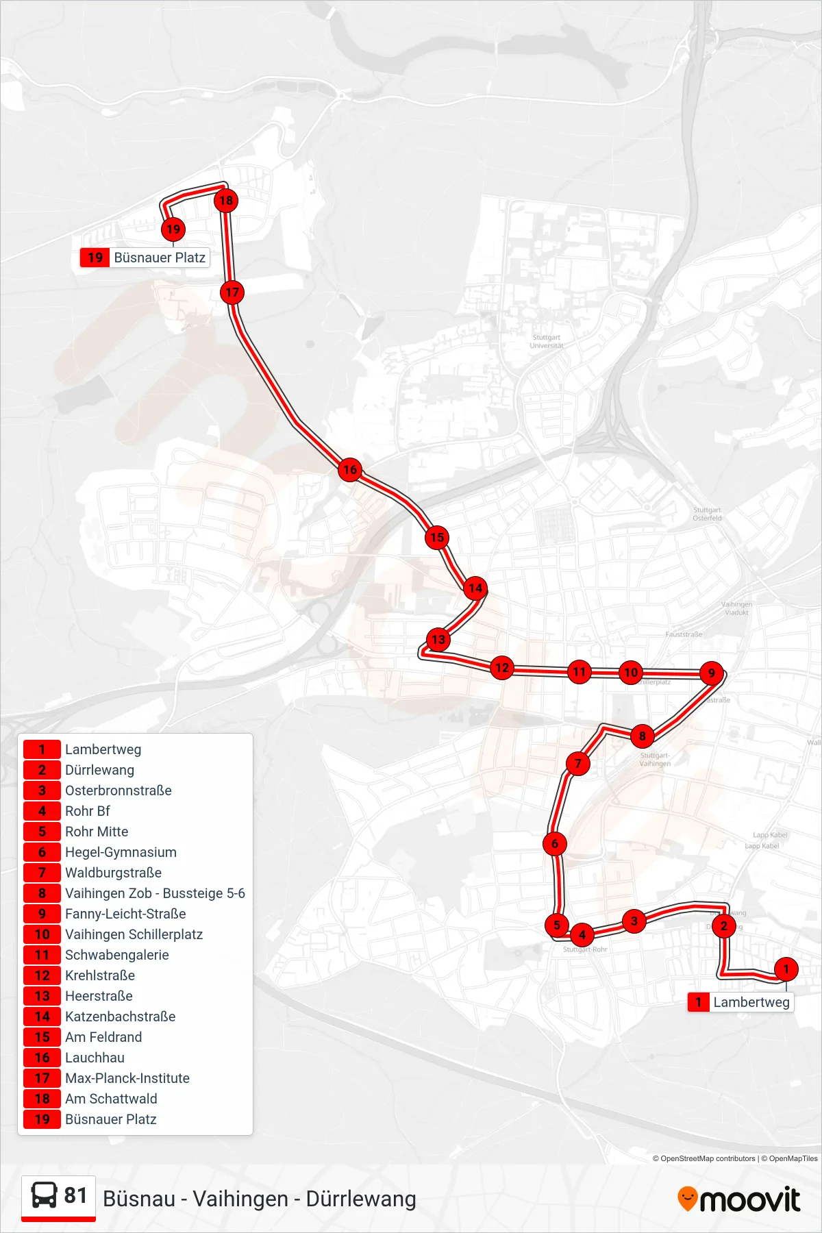 81 bus Line (Büsnauer Platz) route and stops on a map