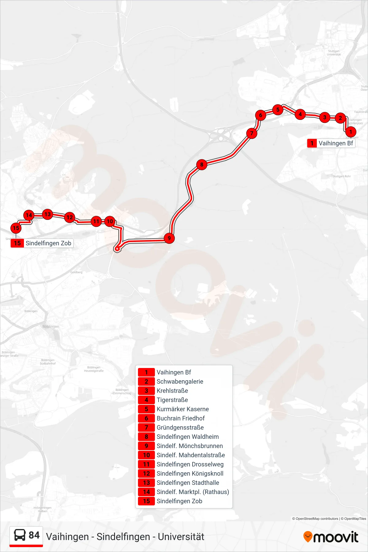 Linie 84 (Bus) Richtung Sindelfingen Zob: Route und Haltestellen auf der Karte