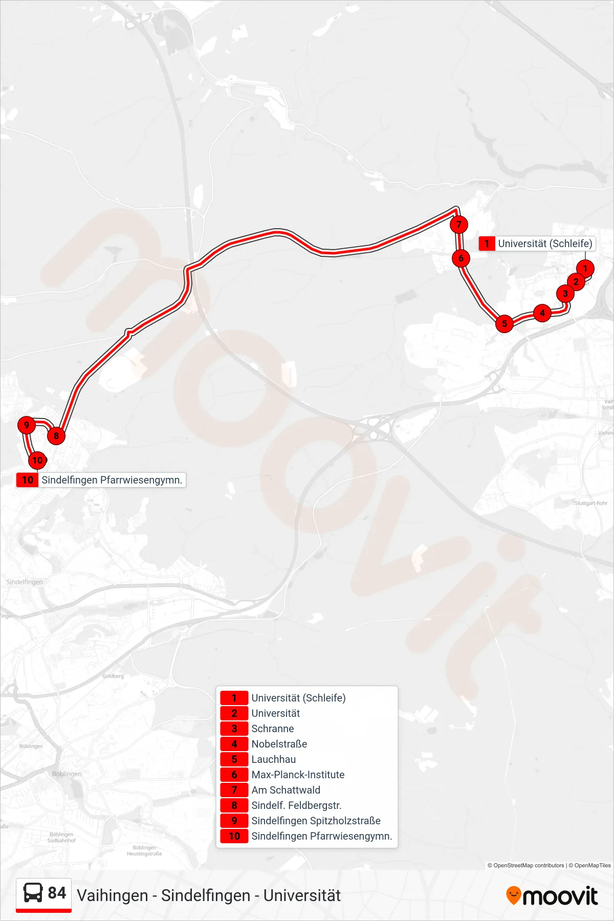 84 bus Line (Sindelfingen Pfarrwiesengymn.) route and stops on a map