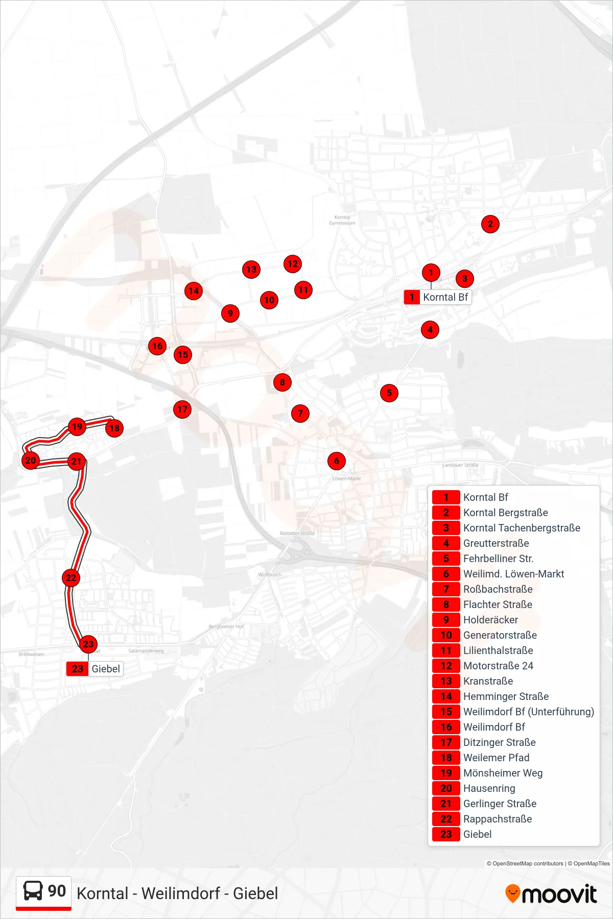 90 bus Line (Giebel) route and stops on a map
