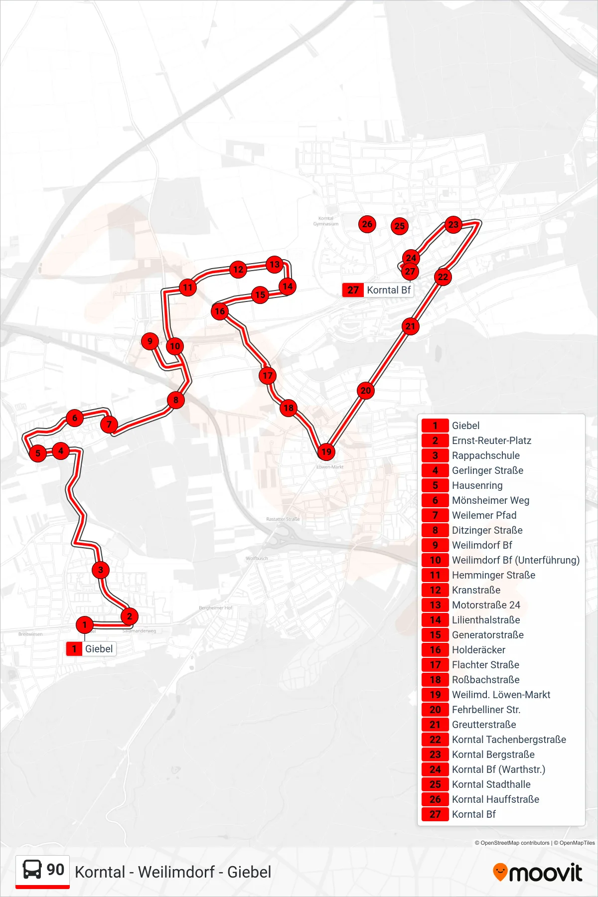 90 bus Line (Korntal Bf) route and stops on a map