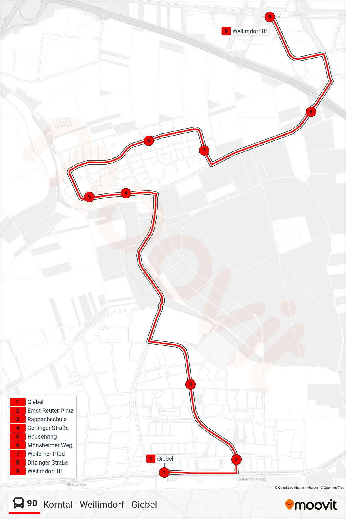 Linie 90 (Bus) Richtung Weilimdorf Bf: Route und Haltestellen auf der Karte
