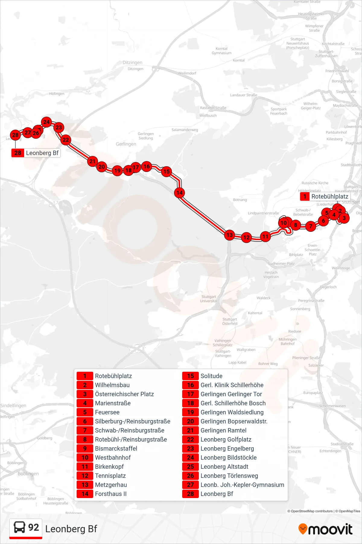 92 bus Line (Leonberg Bf) route and stops on a map