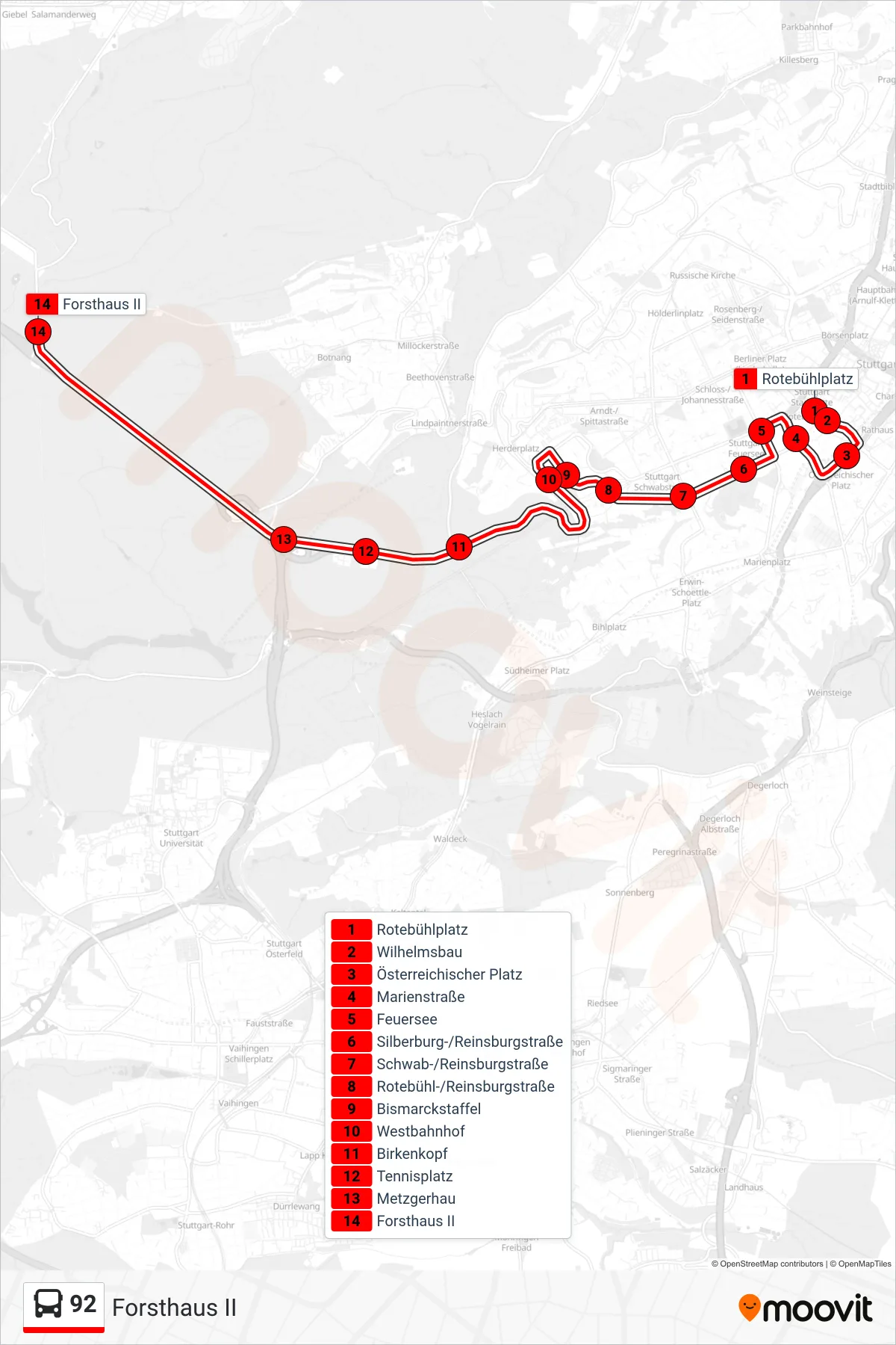 92 bus Line (Forsthaus II) route and stops on a map