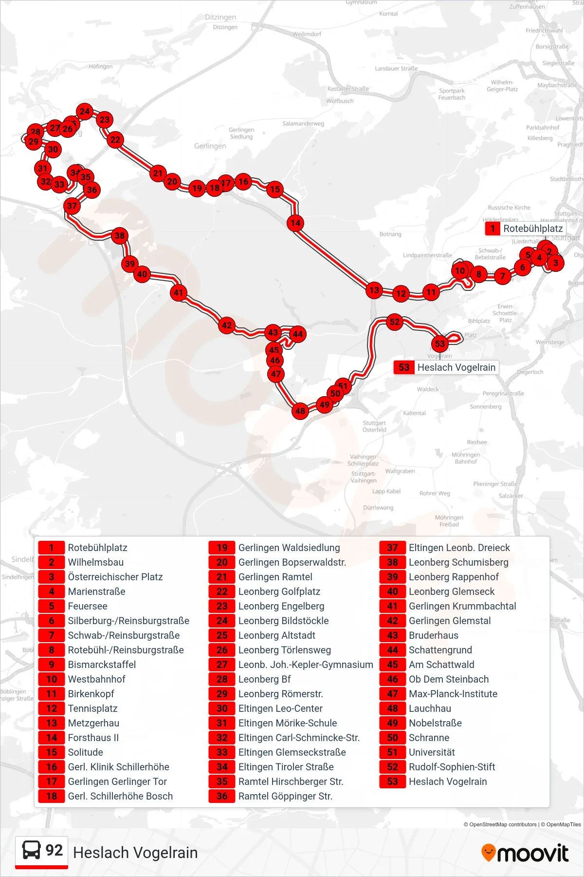 92 bus Line (Heslach Vogelrain) route and stops on a map