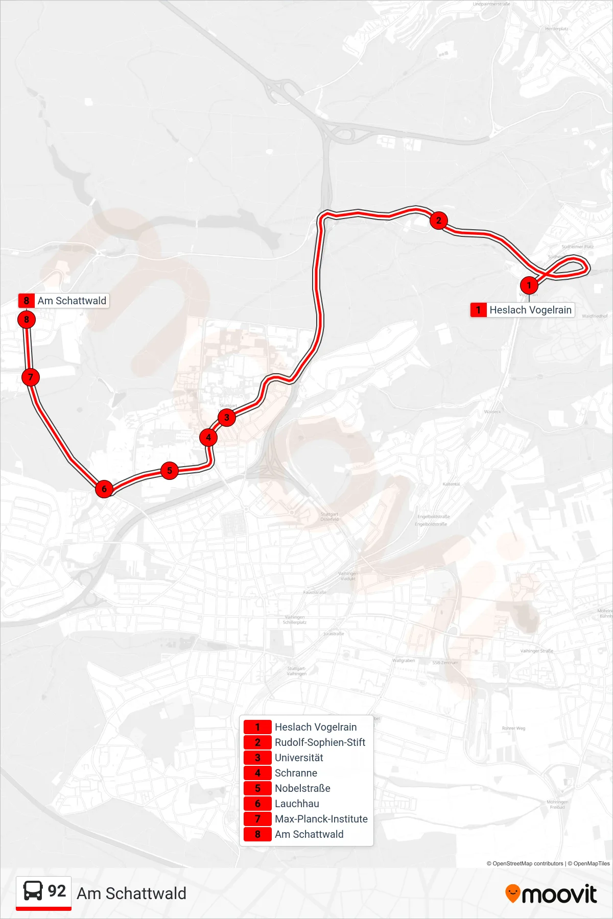 92 bus Line (Am Schattwald) route and stops on a map