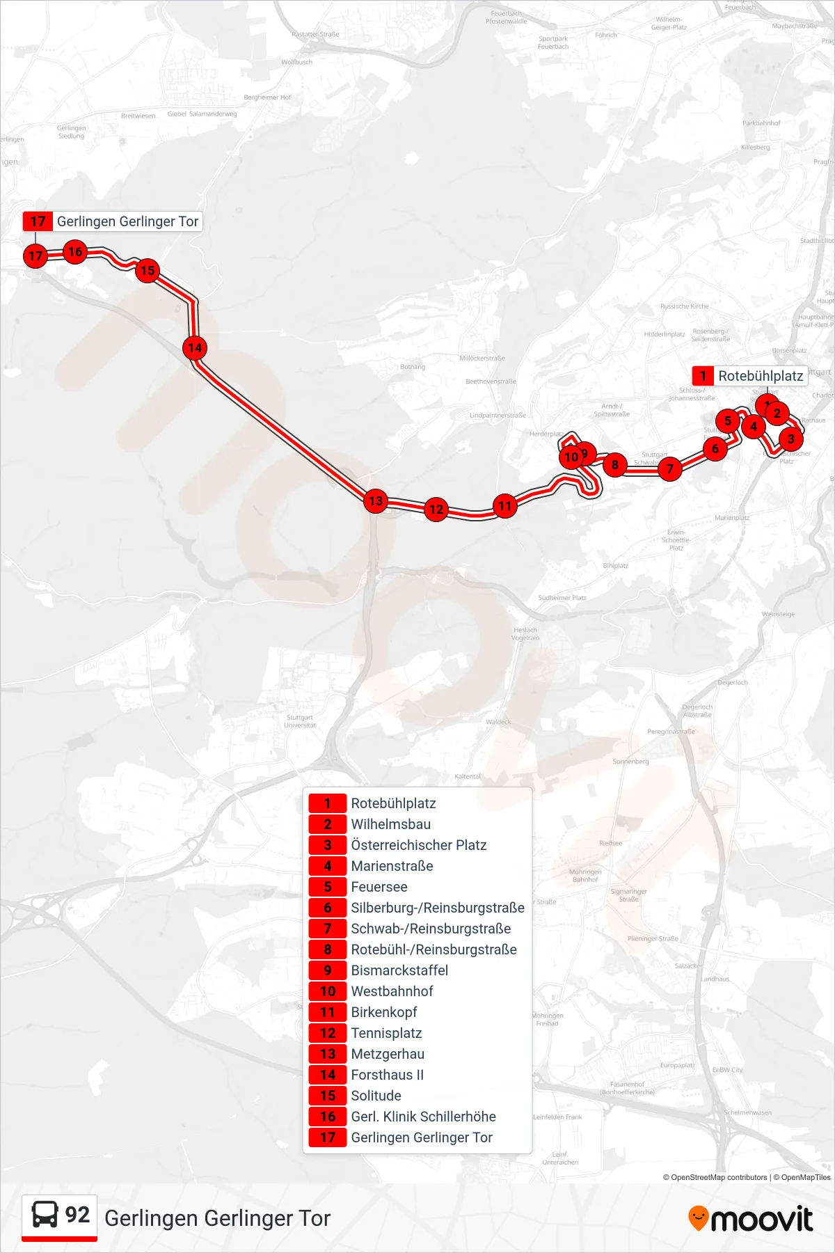 Linie 92 (Bus) Richtung Gerlingen Gerlinger Tor: Route und Haltestellen auf der Karte