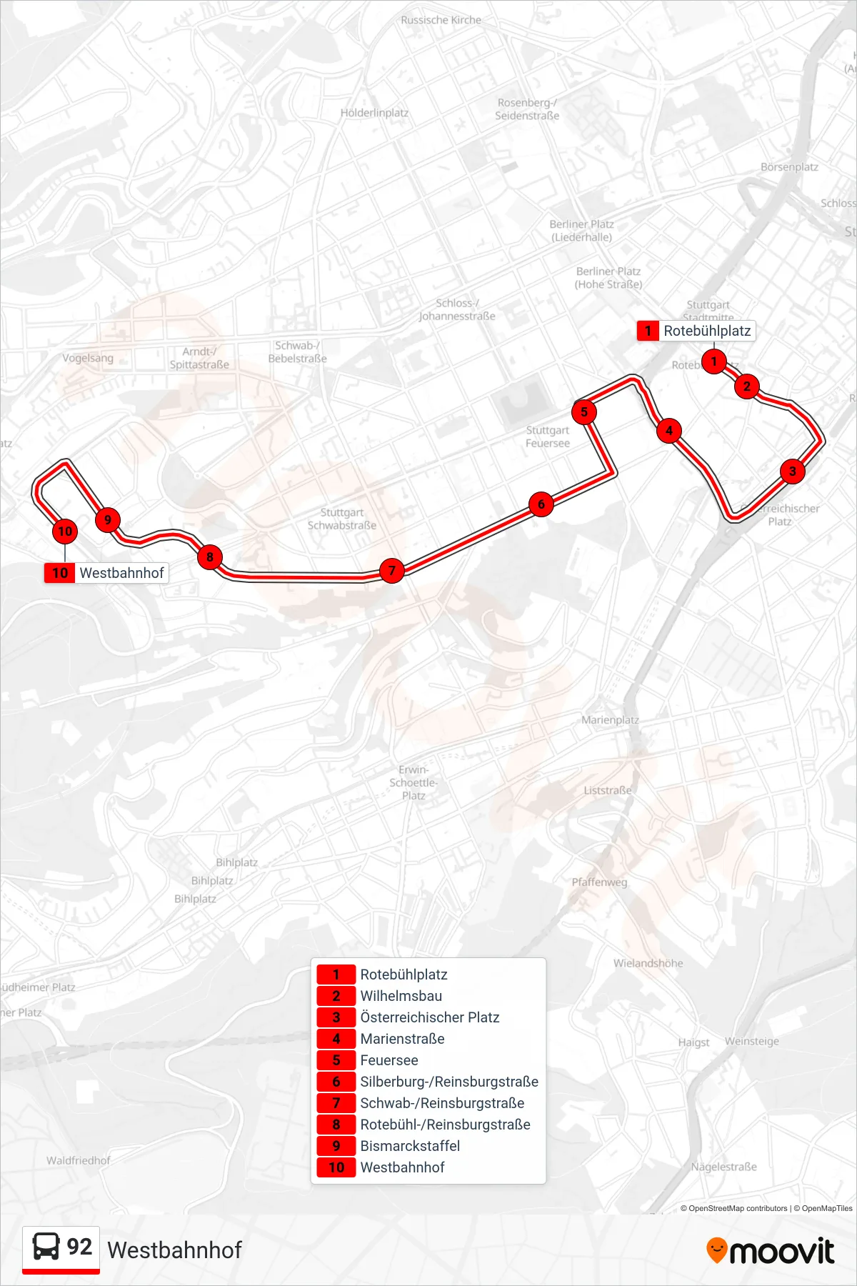 92 bus Line (Westbahnhof) route and stops on a map