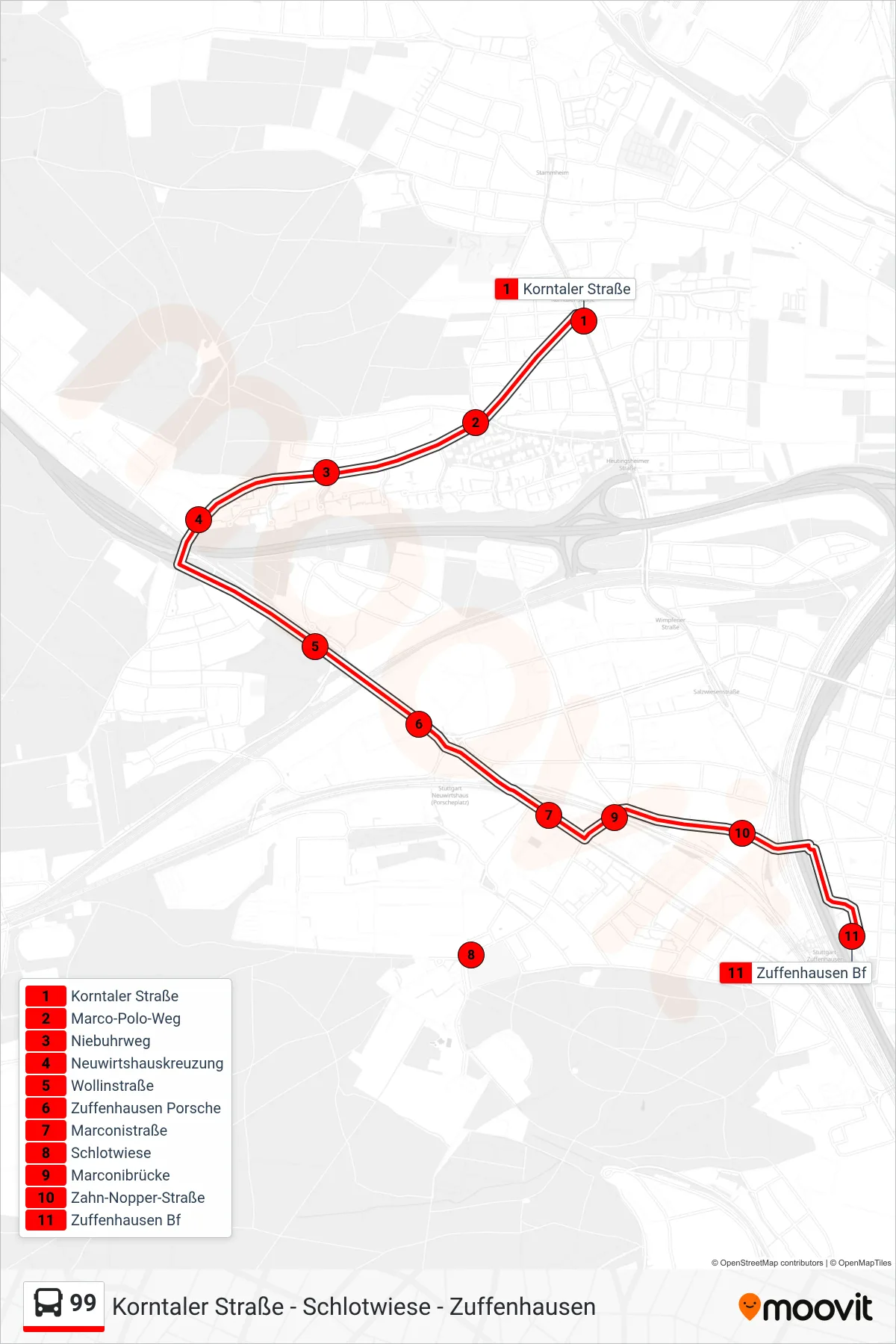 Linie 99 (Bus) Richtung Zuffenhausen Bf: Route und Haltestellen auf der Karte
