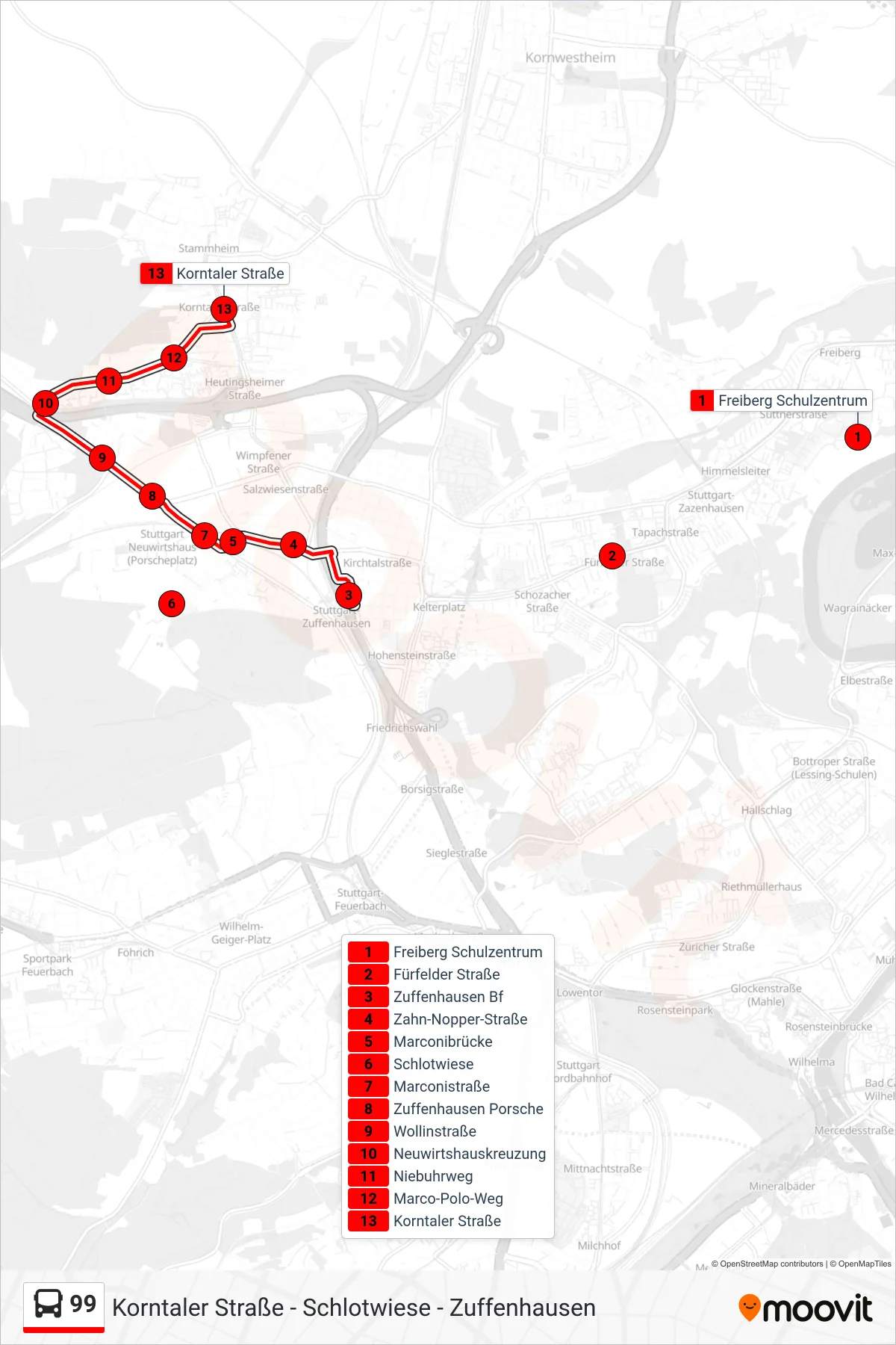 99 bus Line (Korntaler Straße) route and stops on a map