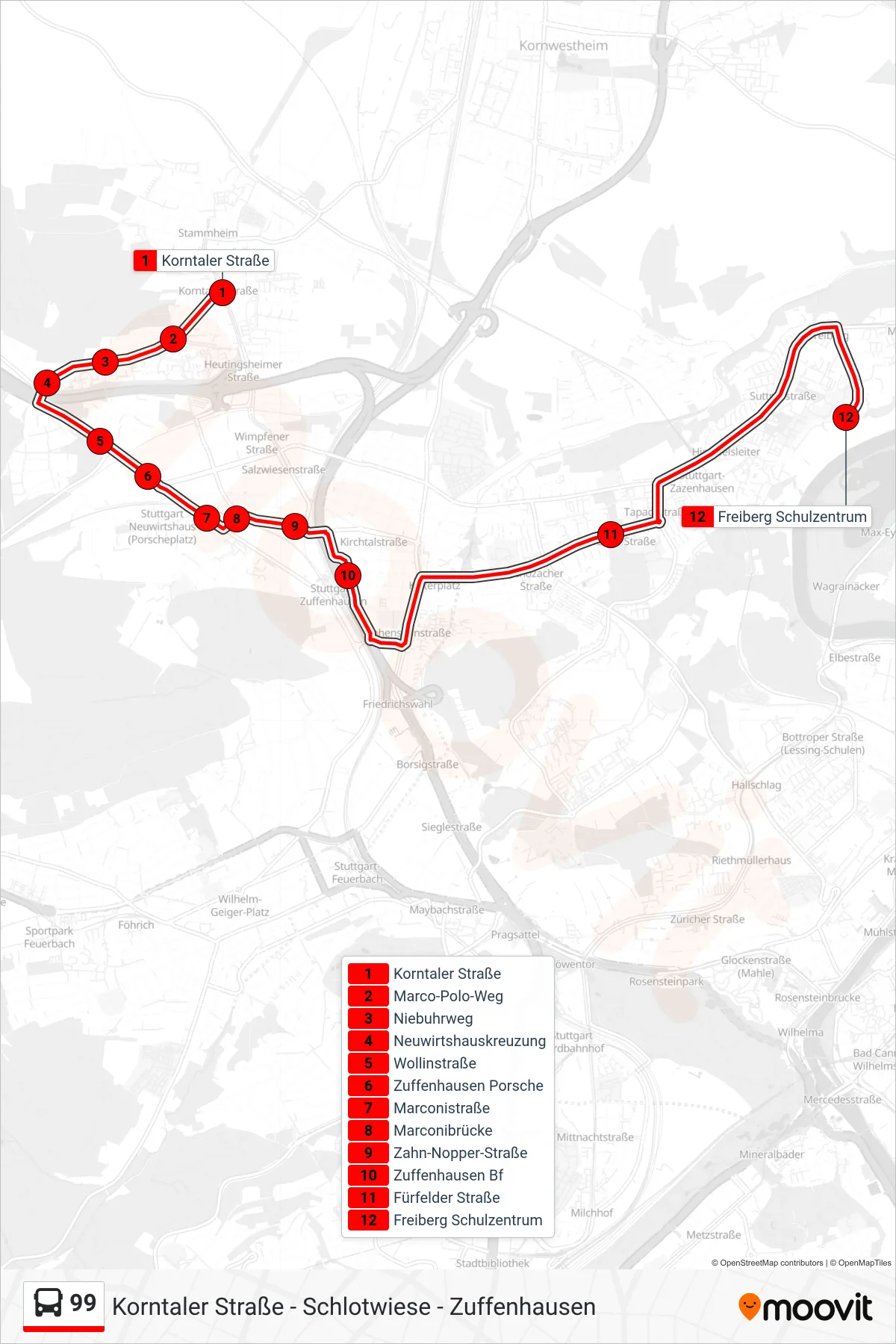 99 bus Line (Freiberg Schulzentrum) route and stops on a map