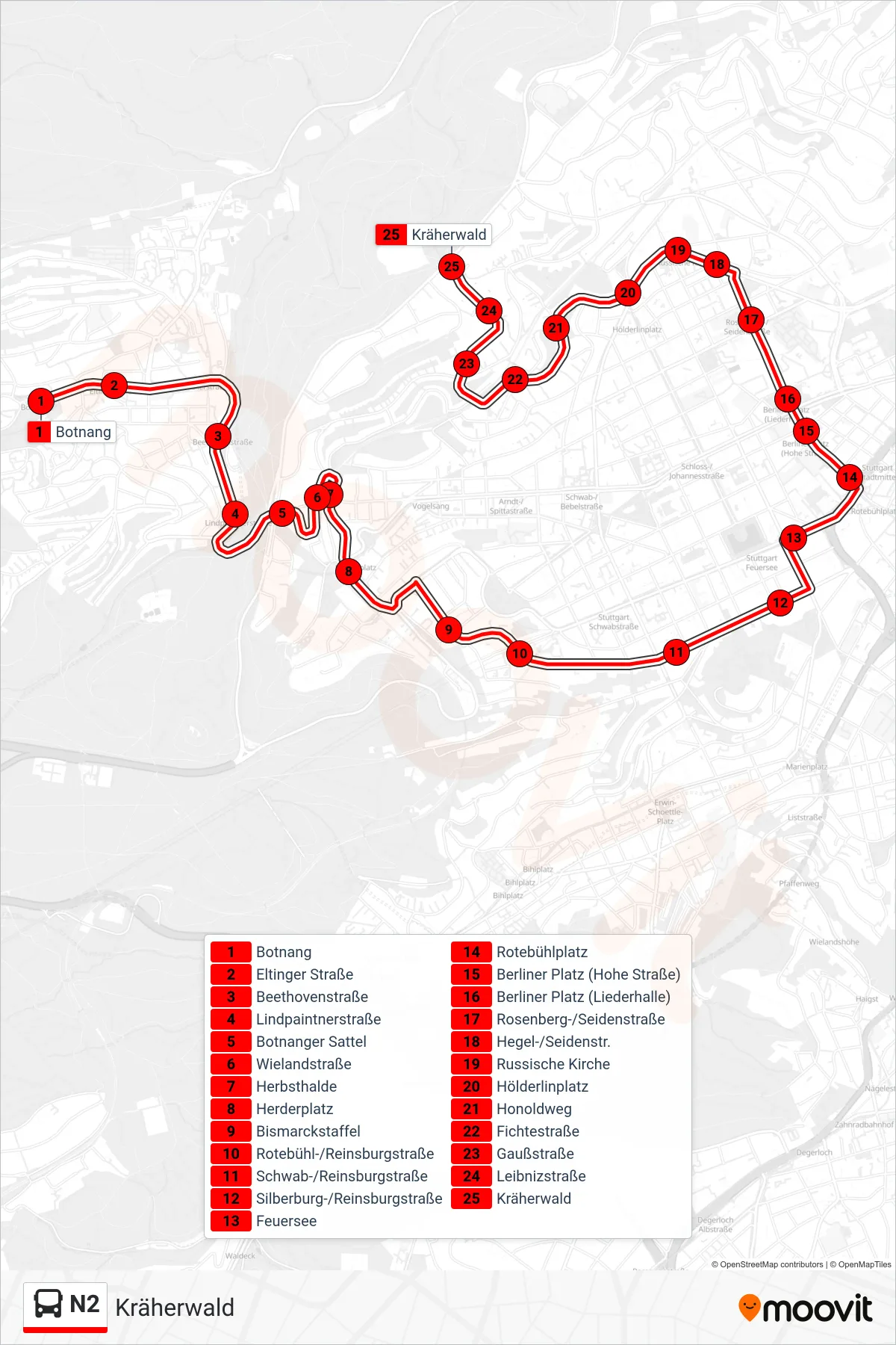 N2 bus Line (Kräherwald) route and stops on a map
