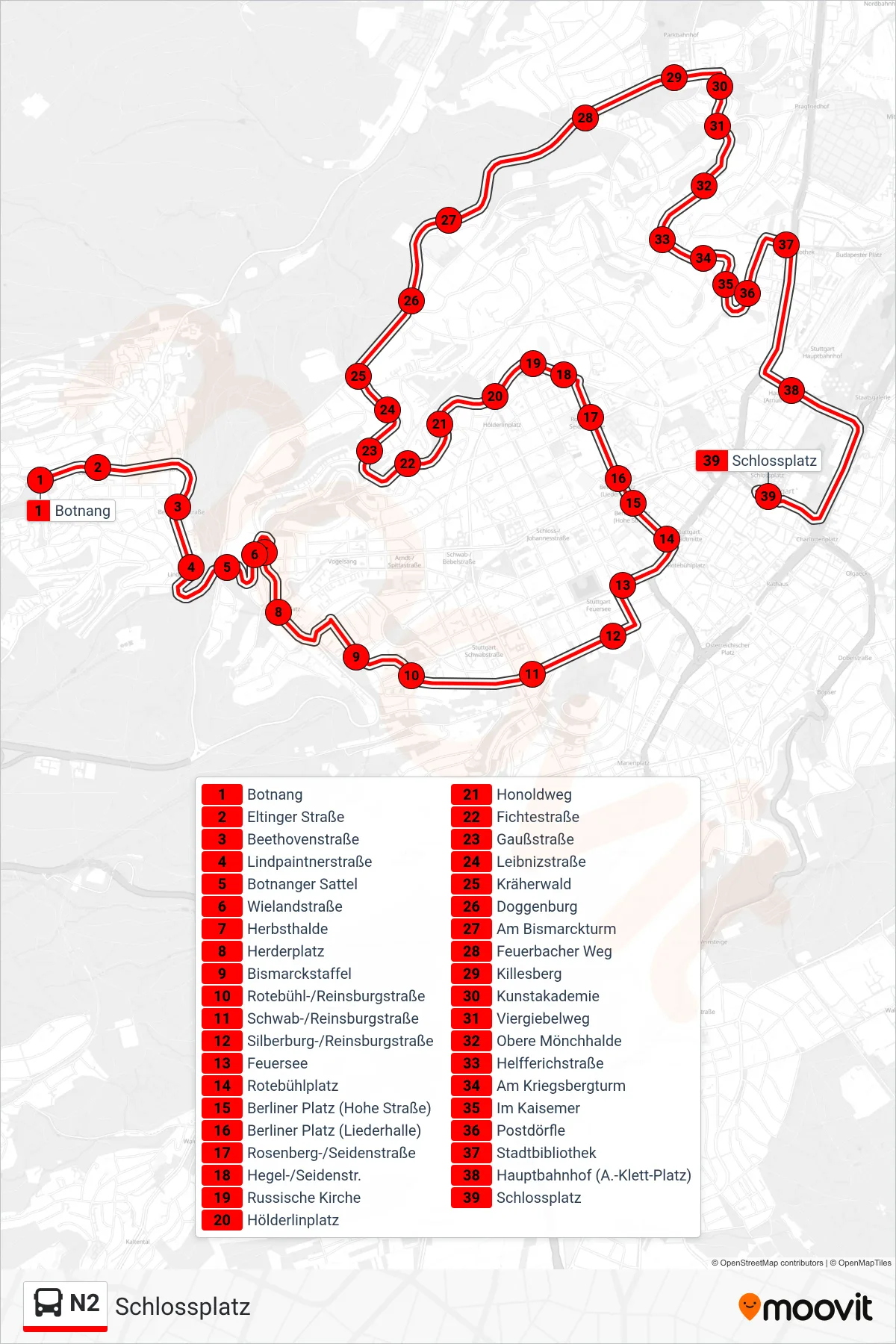 Linie N2 (Bus) Richtung Schlossplatz: Route und Haltestellen auf der Karte
