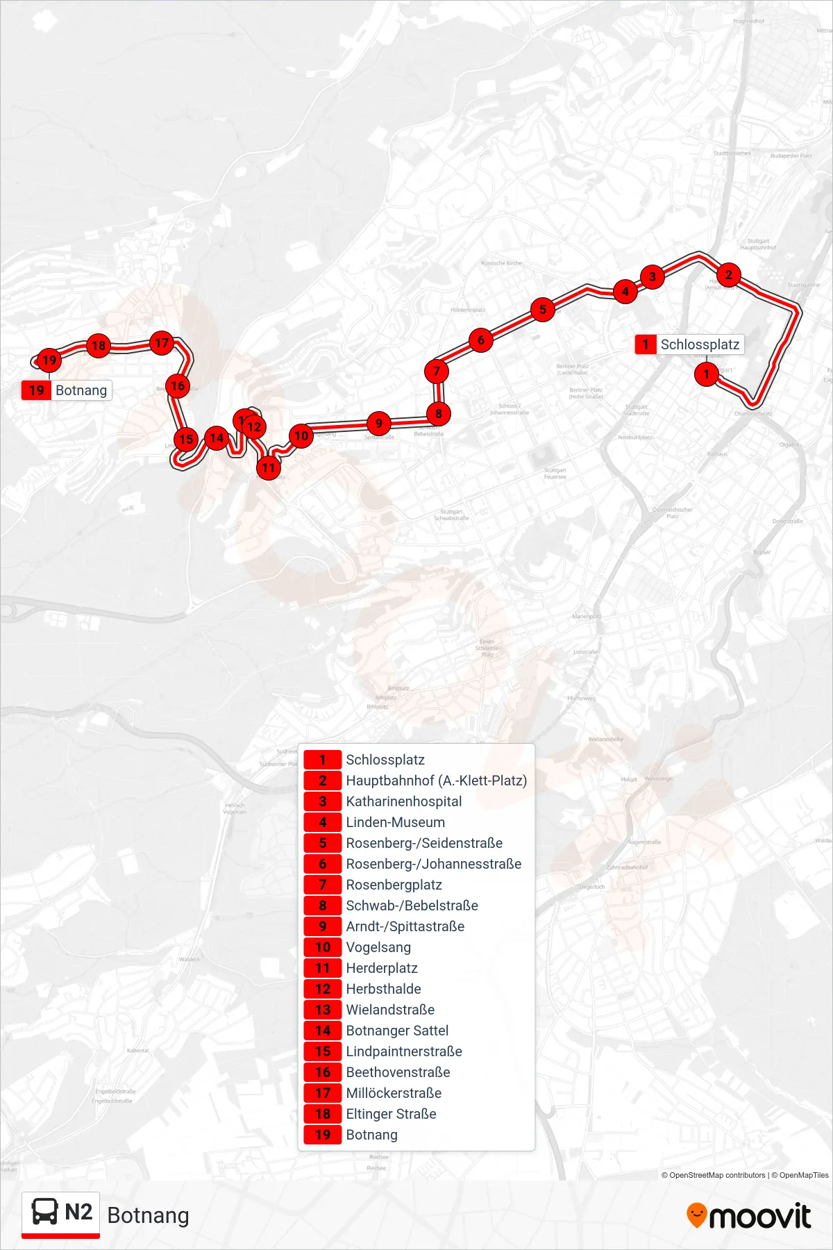 N2 bus Line (Botnang) route and stops on a map