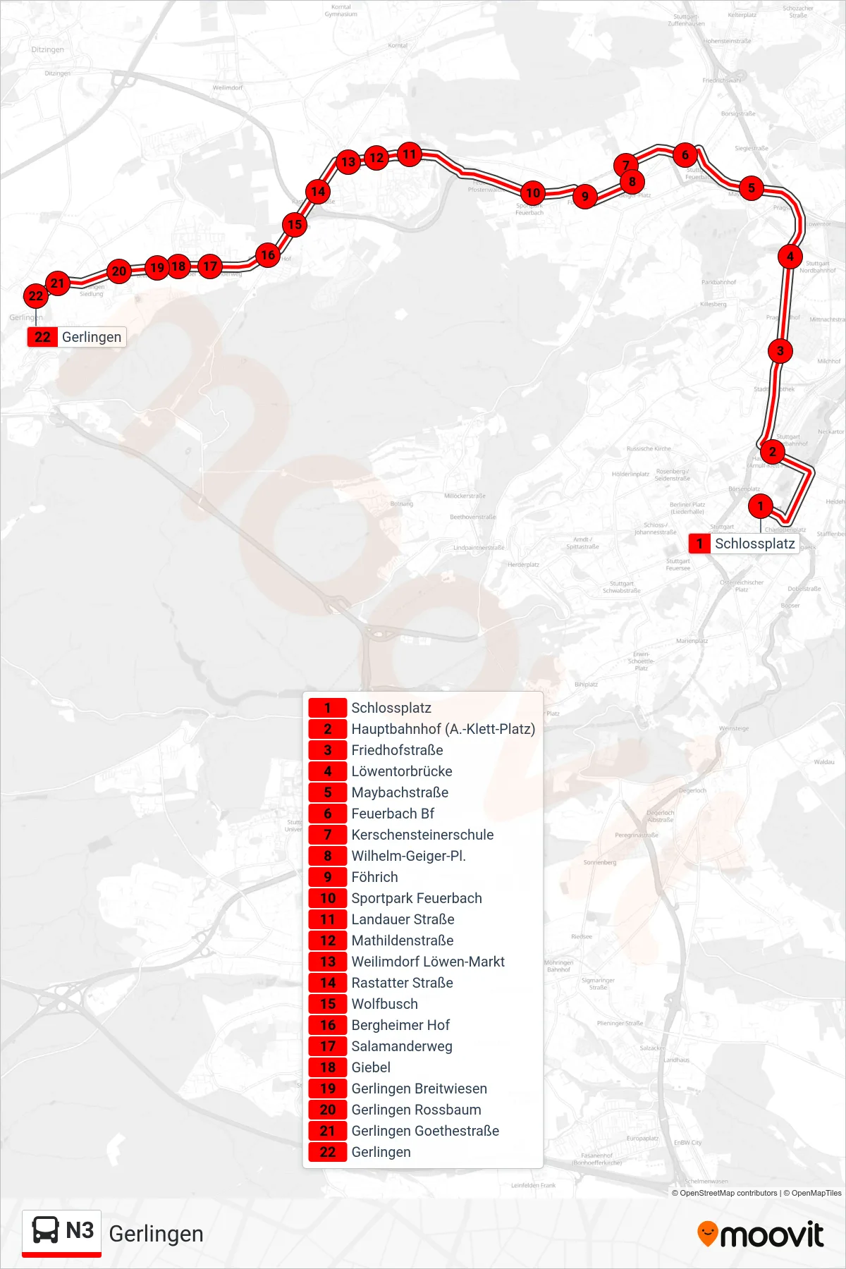 N3 bus Line (Gerlingen) route and stops on a map