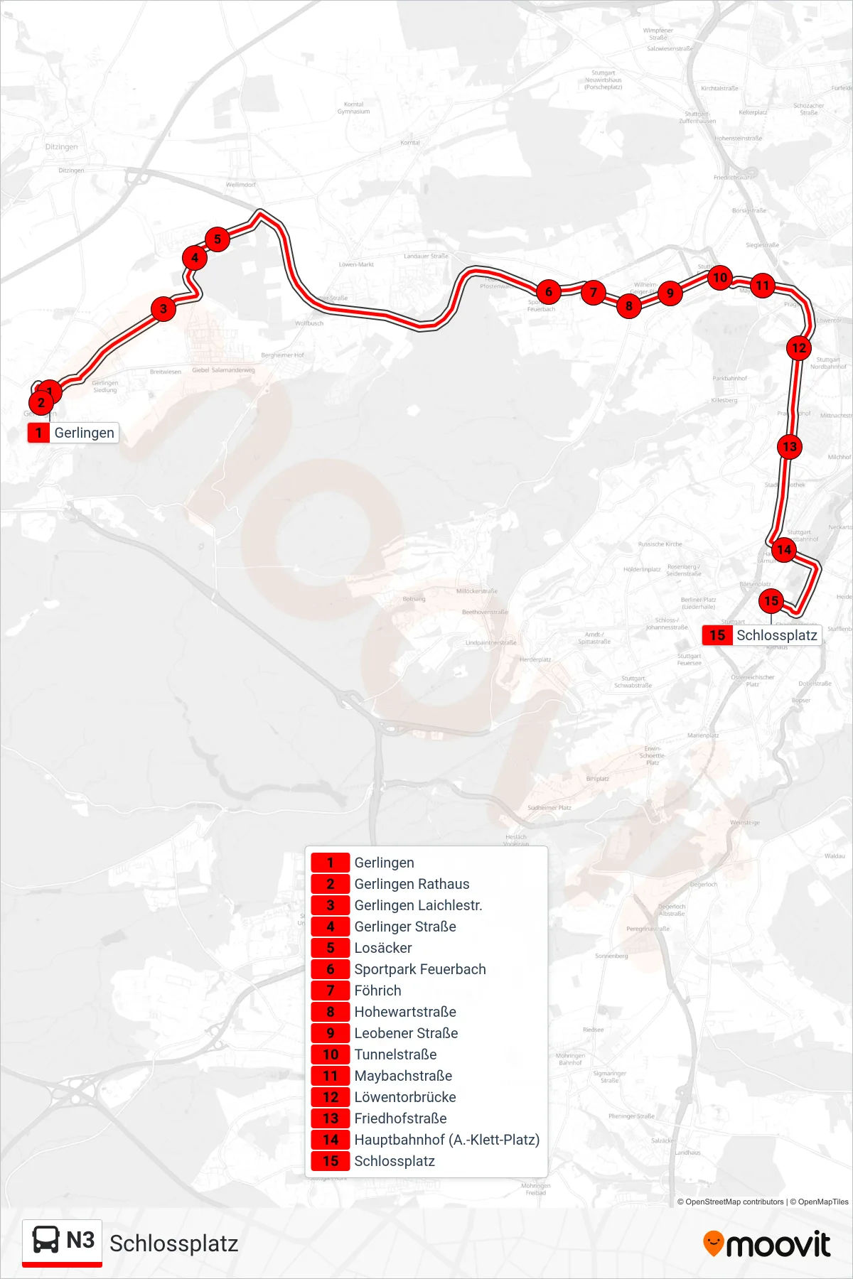 Linie N3 (Bus) Richtung Schlossplatz: Route und Haltestellen auf der Karte